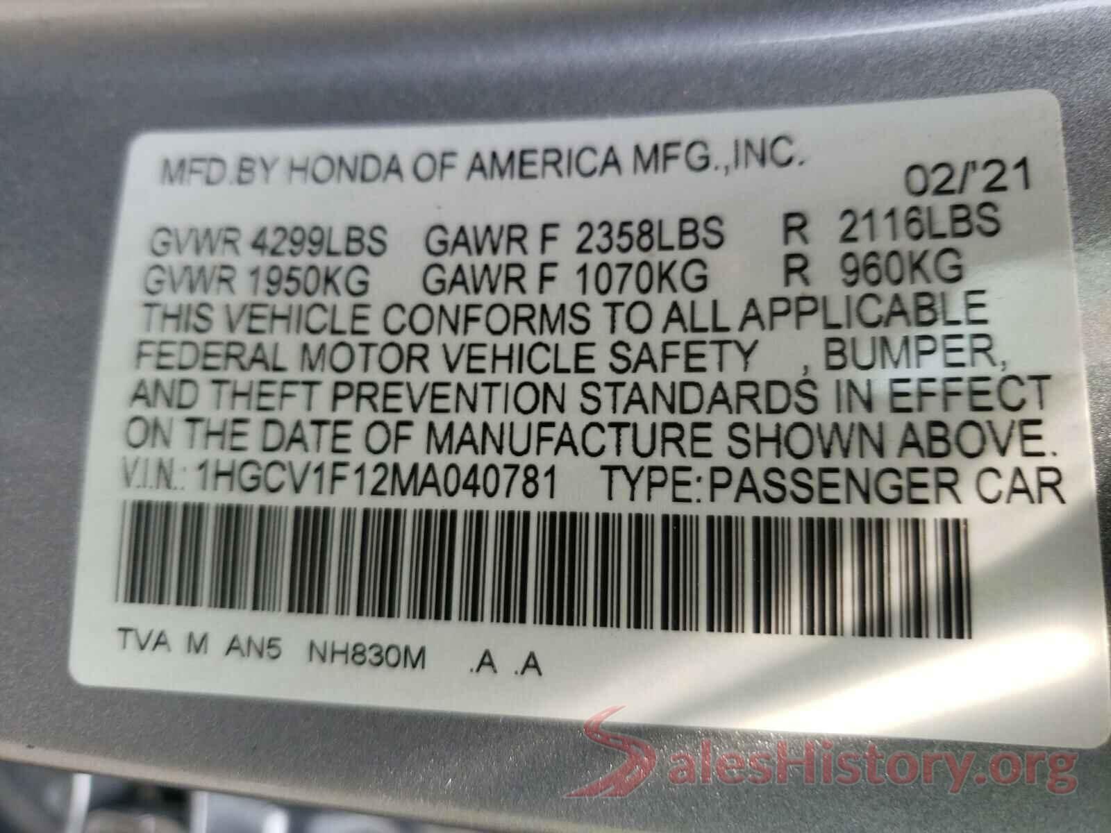 1HGCV1F12MA040781 2021 HONDA ACCORD