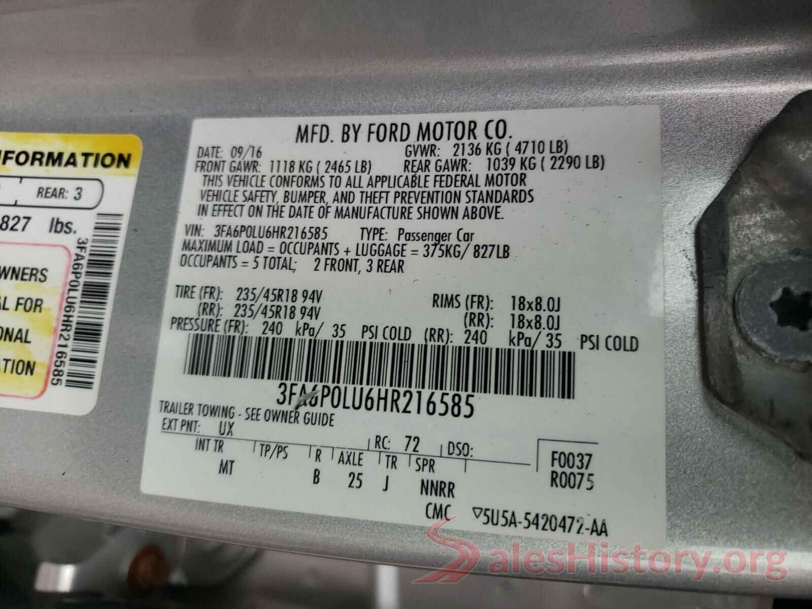 3FA6P0LU6HR216585 2017 FORD FUSION