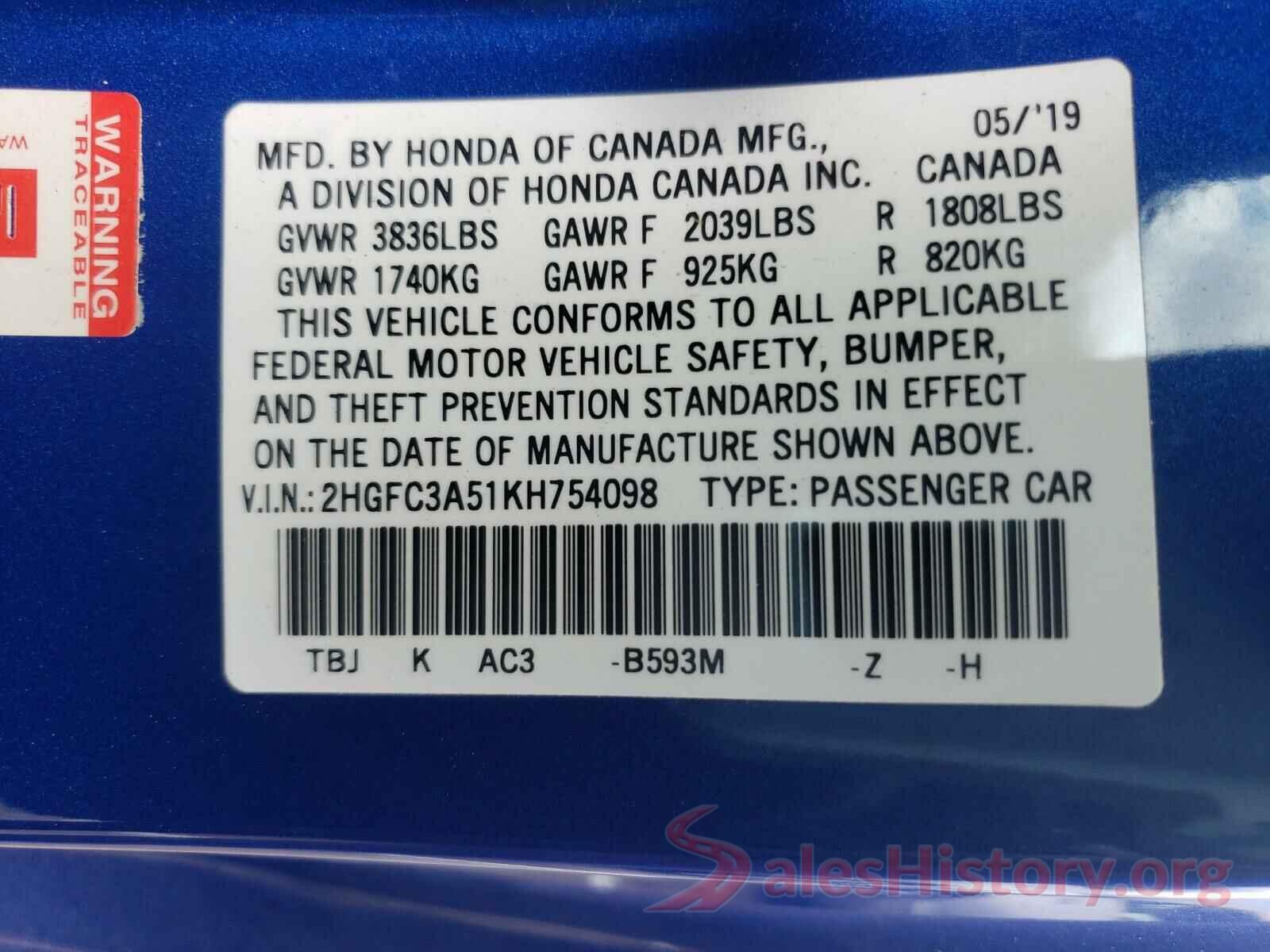 2HGFC3A51KH754098 2019 HONDA CIVIC