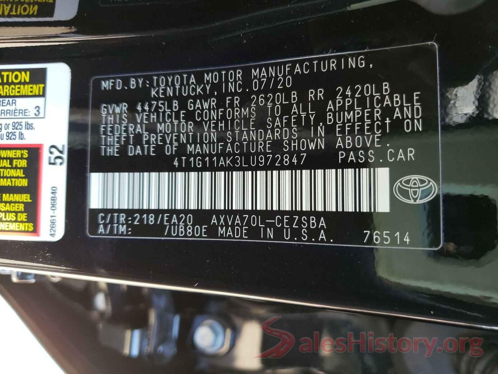 4T1G11AK3LU972847 2020 TOYOTA CAMRY