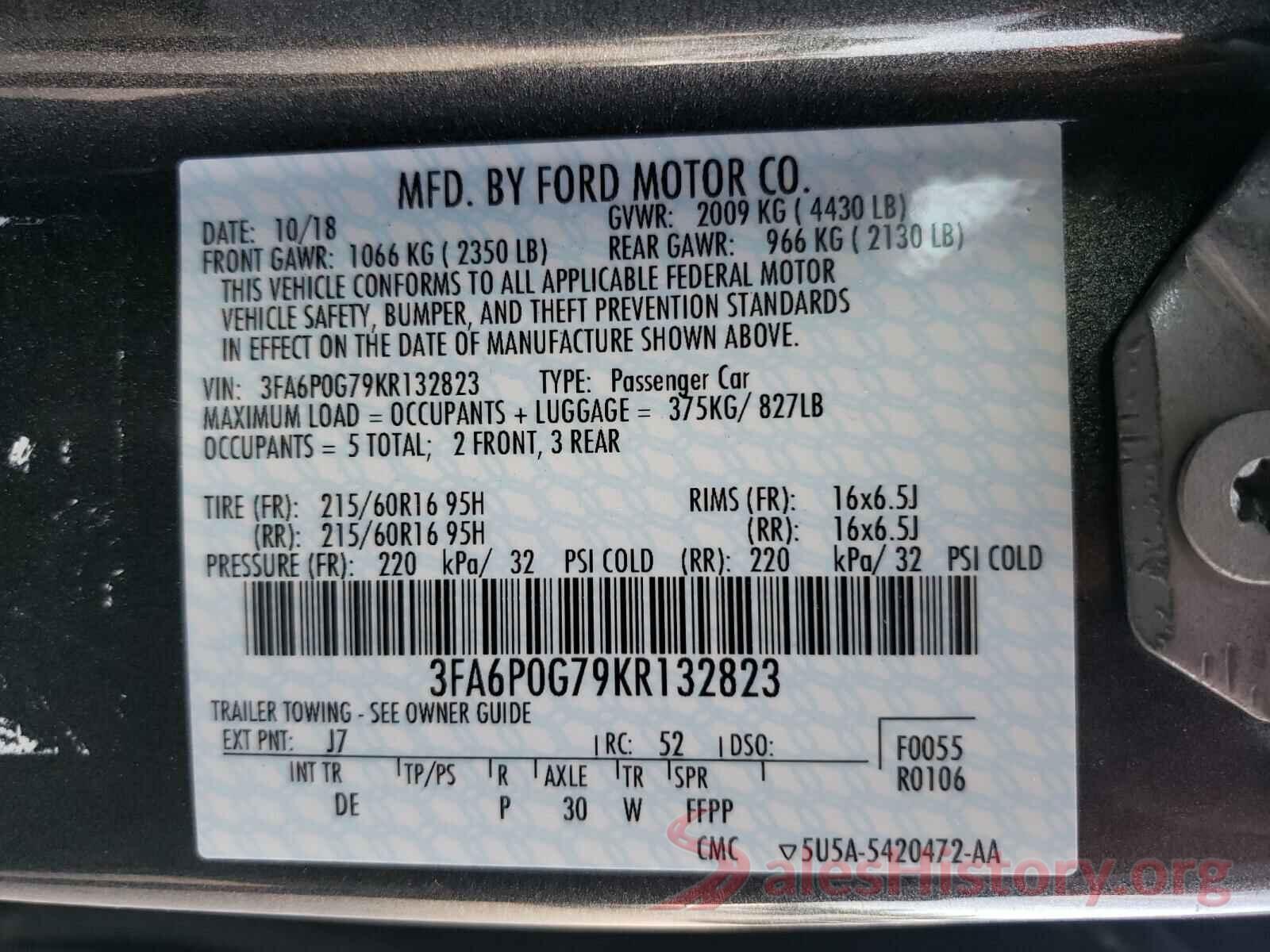 3FA6P0G79KR132823 2019 FORD FUSION