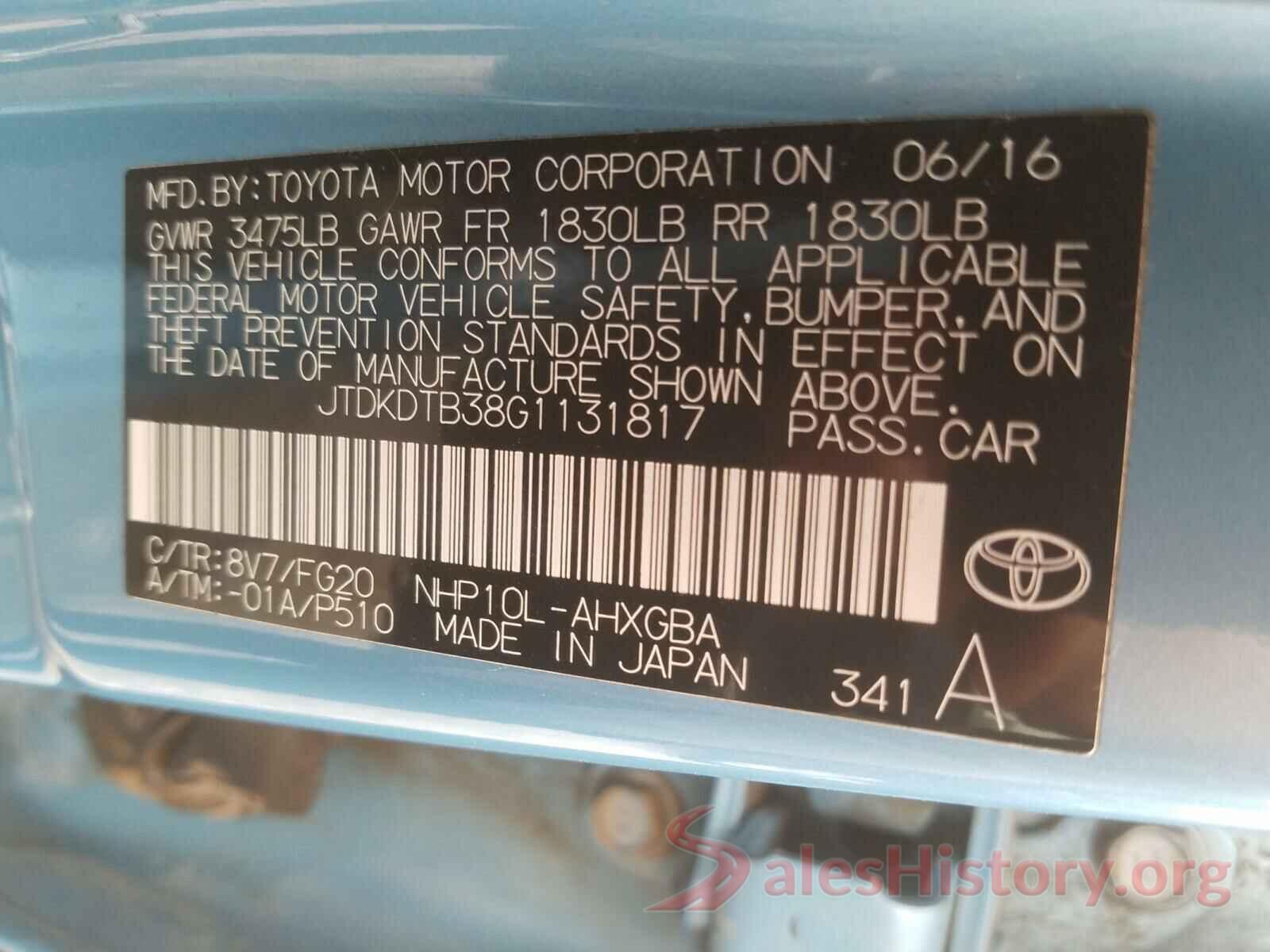 JTDKDTB38G1131817 2016 TOYOTA PRIUS