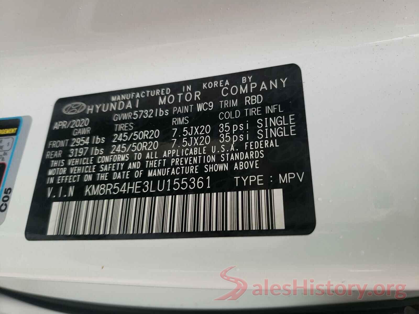 KM8R54HE3LU155361 2020 HYUNDAI PALISADE