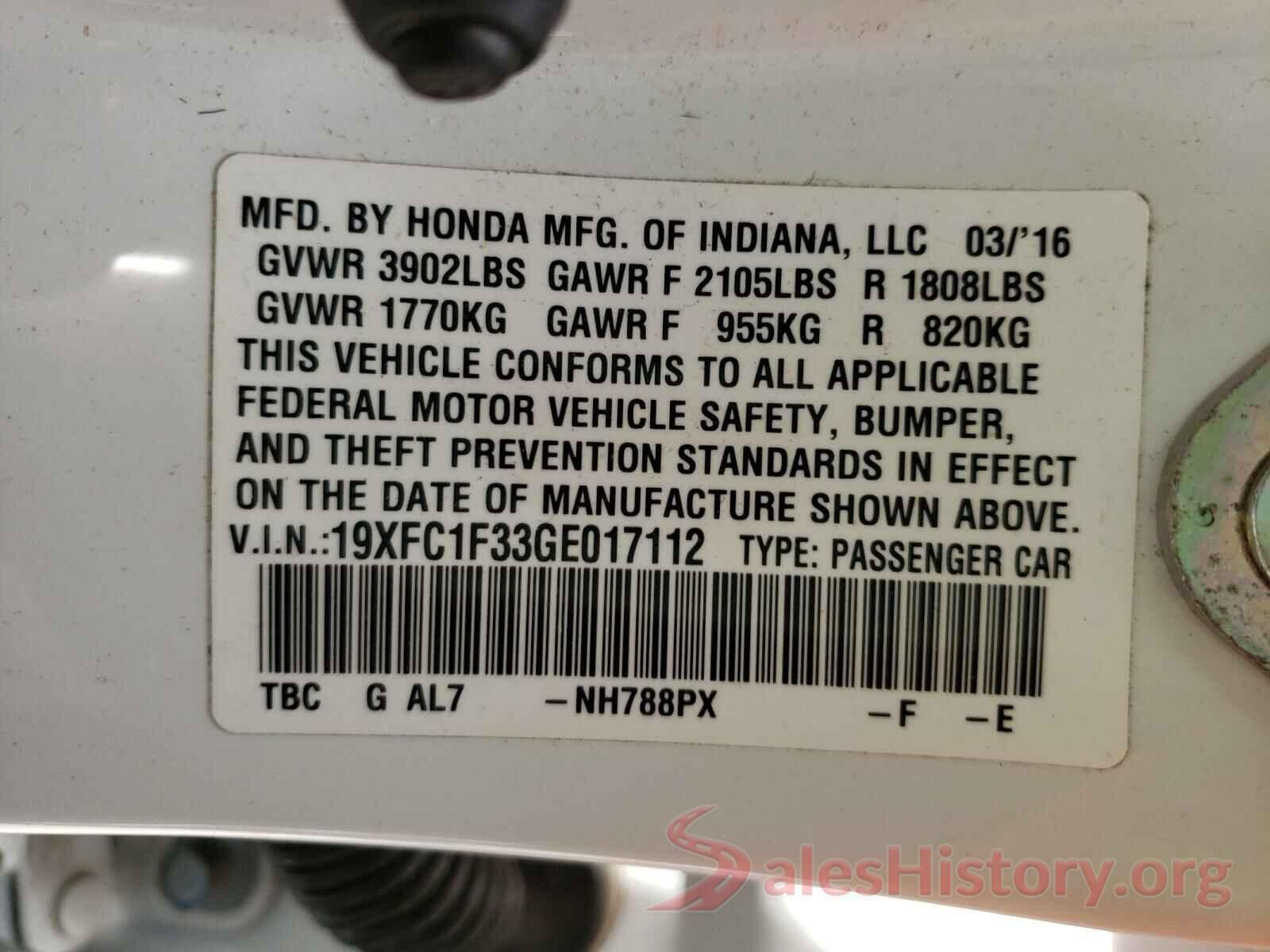 19XFC1F33GE017112 2016 HONDA CIVIC