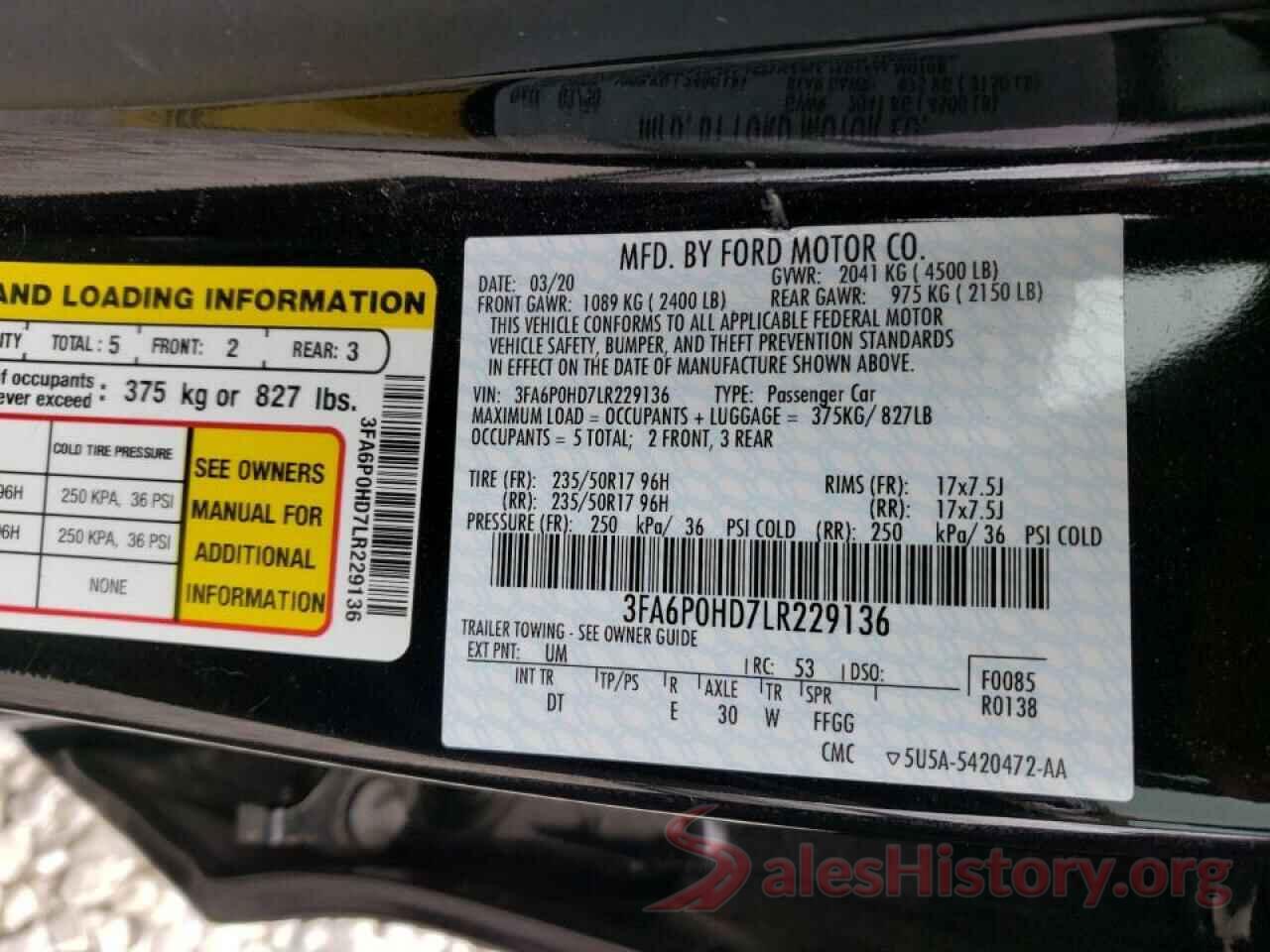 3FA6P0HD7LR229136 2020 FORD FUSION