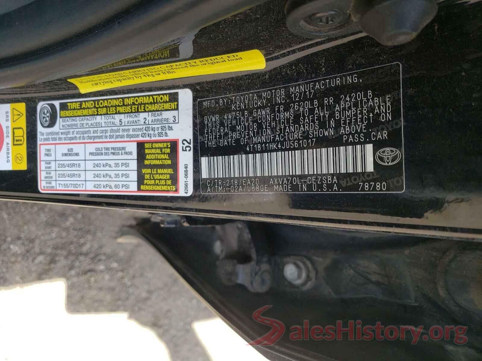 4T1B11HK4JU561017 2018 TOYOTA CAMRY