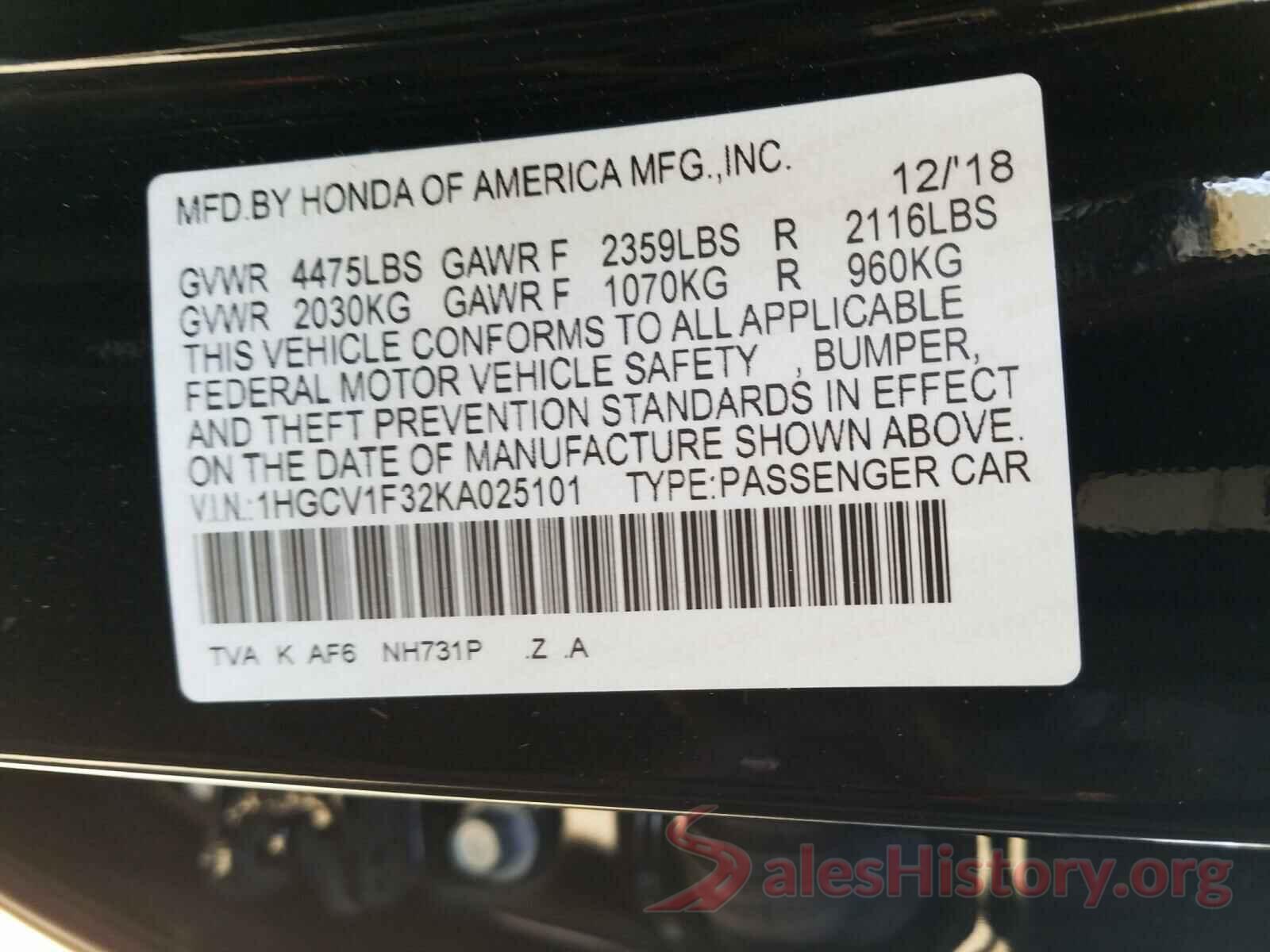 1HGCV1F32KA025101 2019 HONDA ACCORD