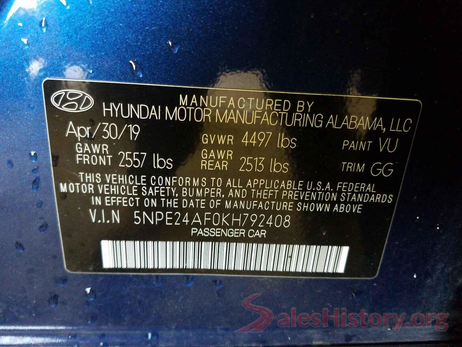 5NPE24AF0KH792408 2019 HYUNDAI SONATA