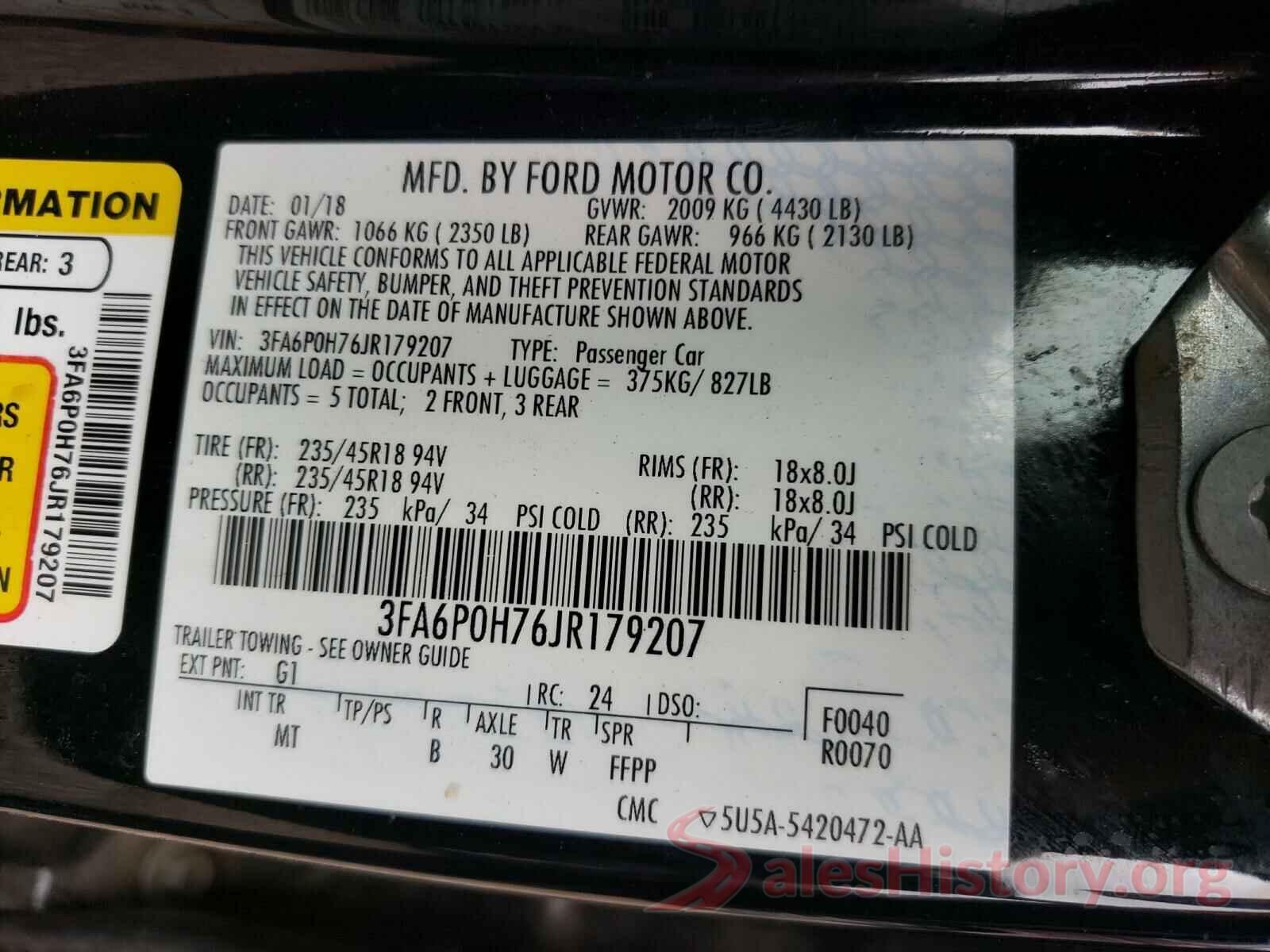 3FA6P0H76JR179207 2018 FORD FUSION