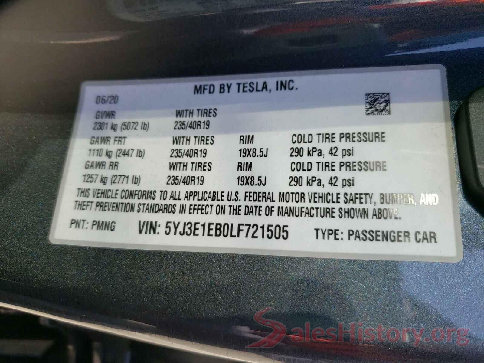 5YJ3E1EB0LF721505 2020 TESLA MODEL 3