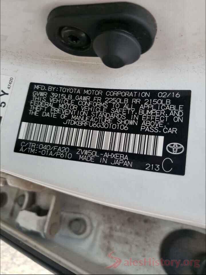 JTDKBRFU6G3010106 2016 TOYOTA PRIUS