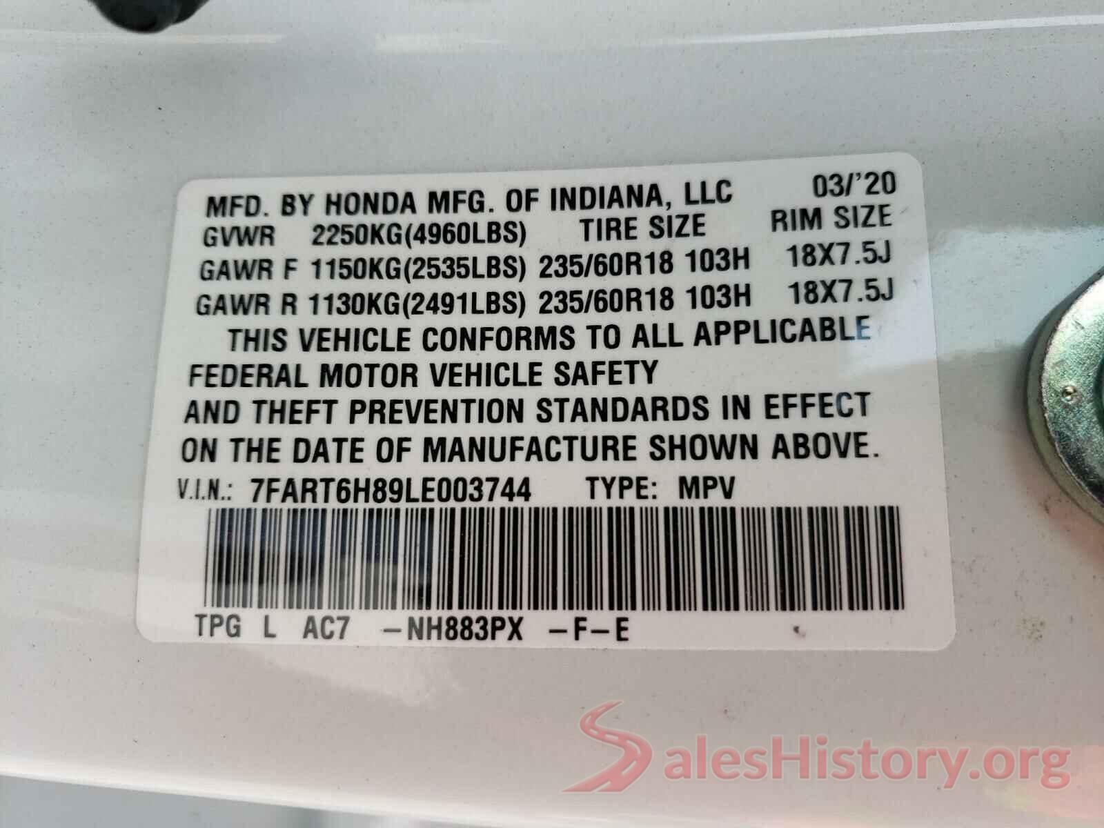 7FART6H89LE003744 2020 HONDA CRV