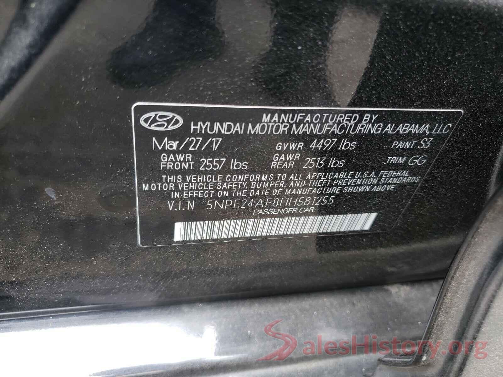 5NPE24AF8HH581255 2017 HYUNDAI SONATA