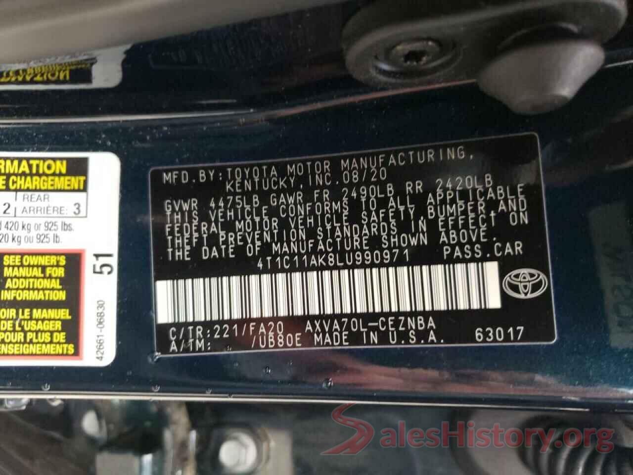 4T1C11AK8LU990971 2020 TOYOTA CAMRY