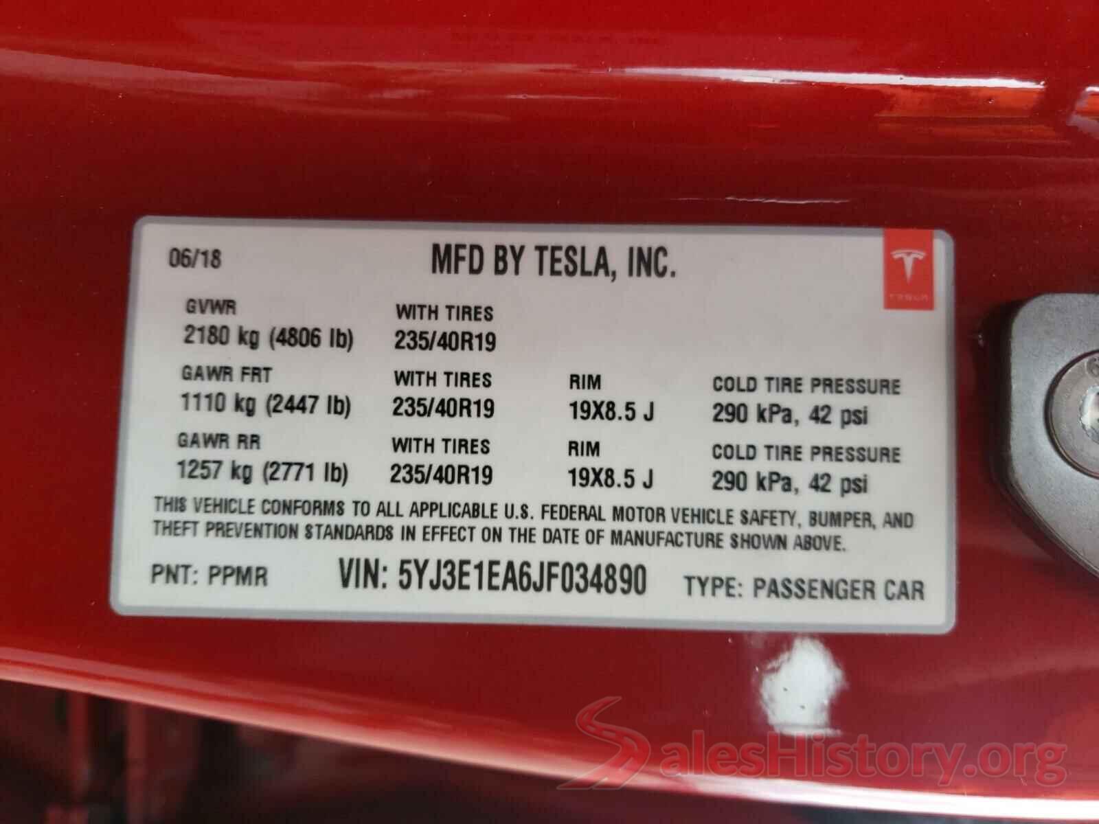 5YJ3E1EA6JF034890 2018 TESLA MODEL 3