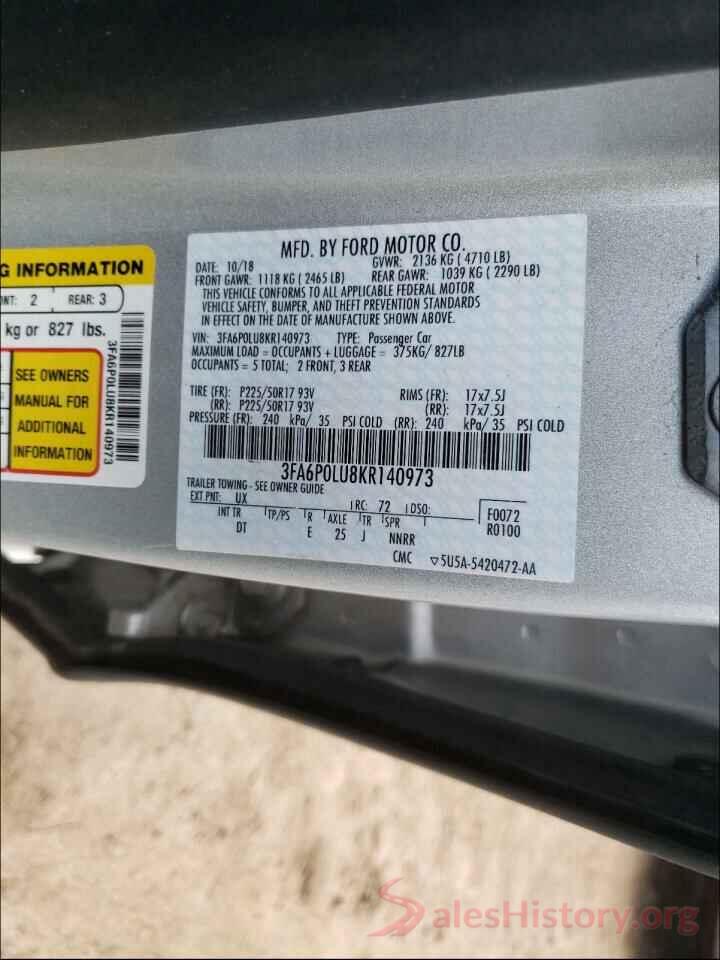 3FA6P0LU8KR140973 2019 FORD FUSION