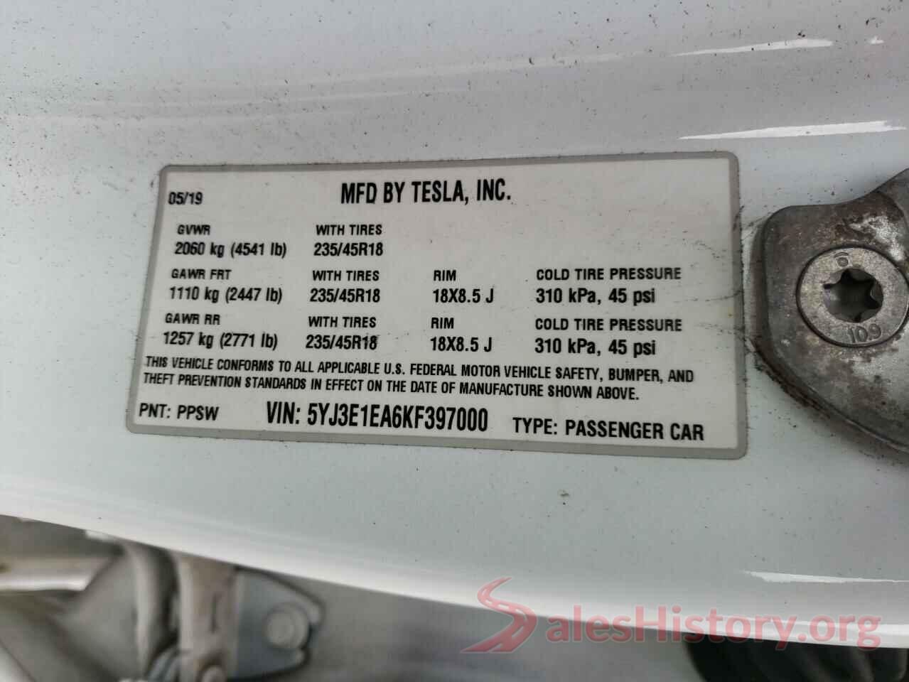 5YJ3E1EA6KF397000 2019 TESLA MODEL 3