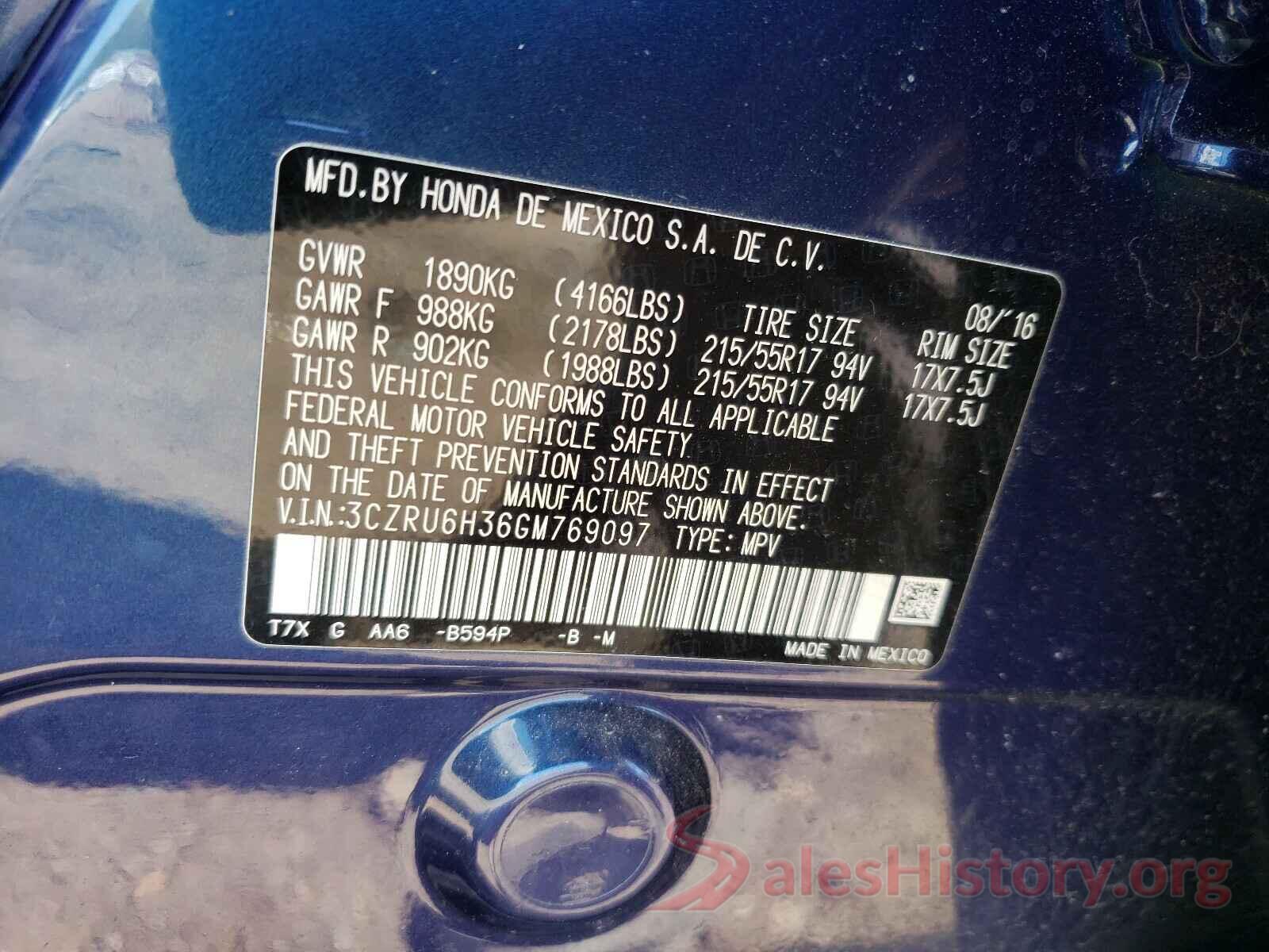 3CZRU6H36GM769097 2016 HONDA HR-V