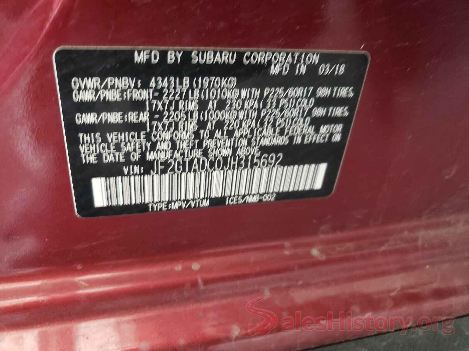 JF2GTADC0JH315692 2018 SUBARU CROSSTREK