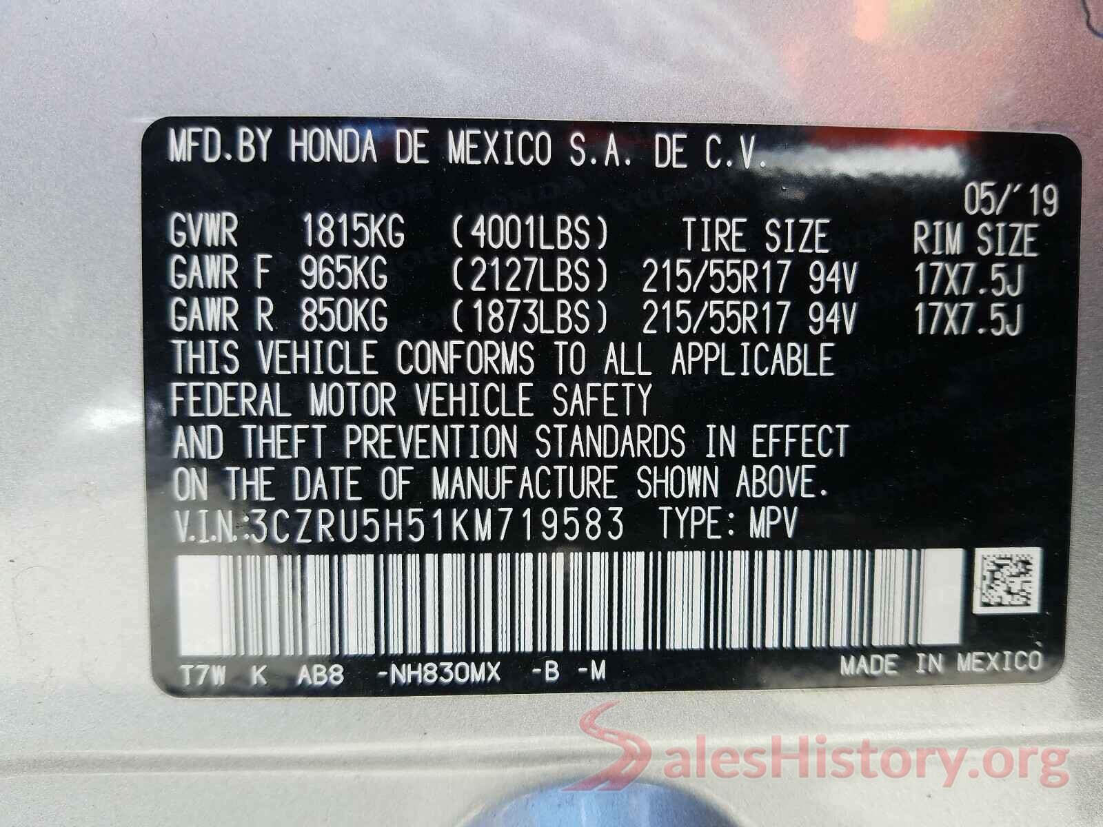 3CZRU5H51KM719583 2019 HONDA HR-V