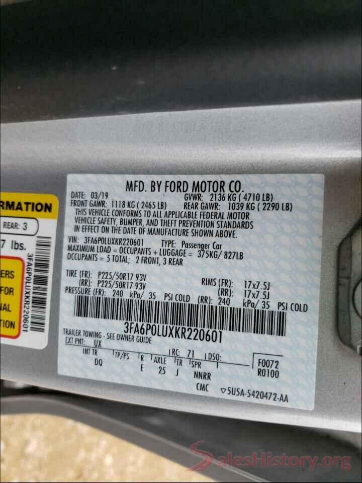 3FA6P0LUXKR220601 2019 FORD FUSION