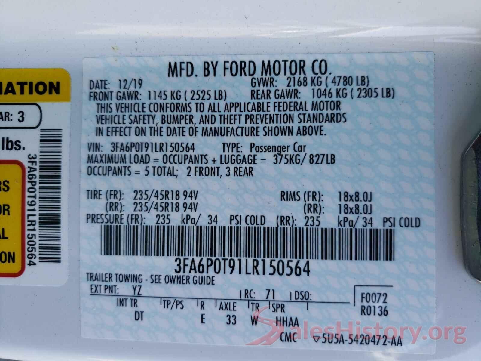 3FA6P0T91LR150564 2020 FORD FUSION