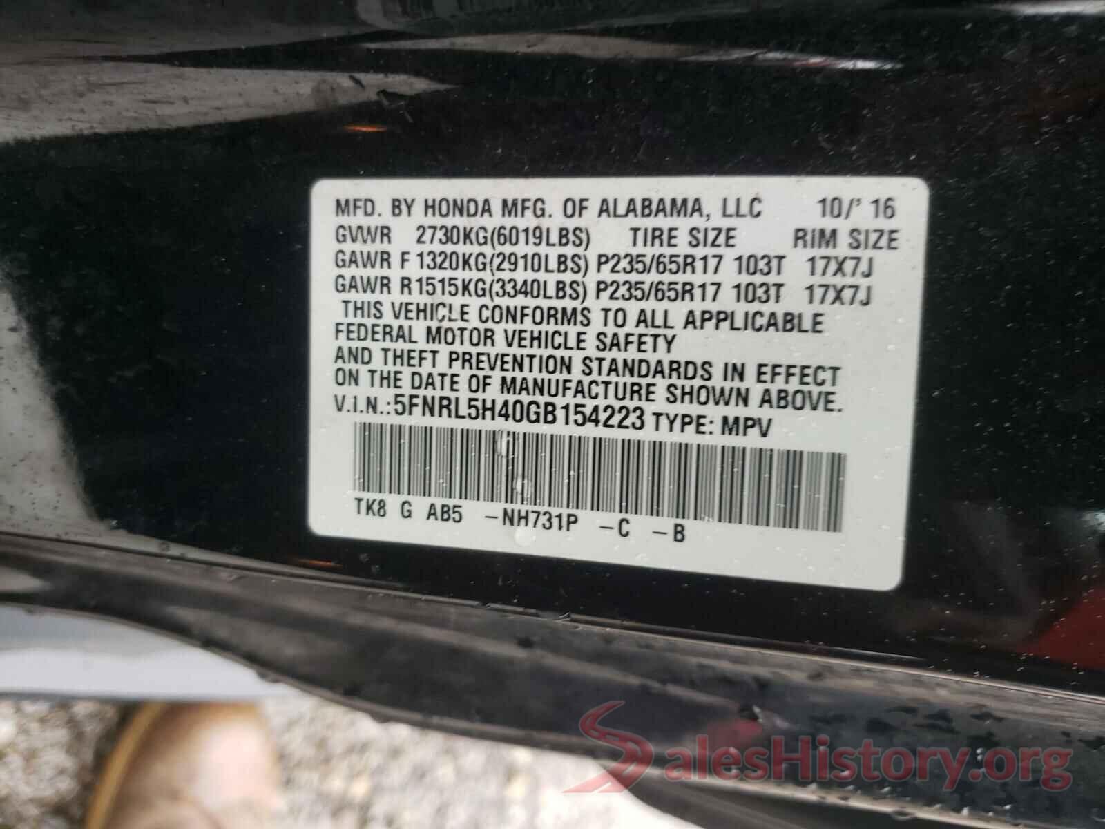 5FNRL5H40GB154223 2016 HONDA ODYSSEY