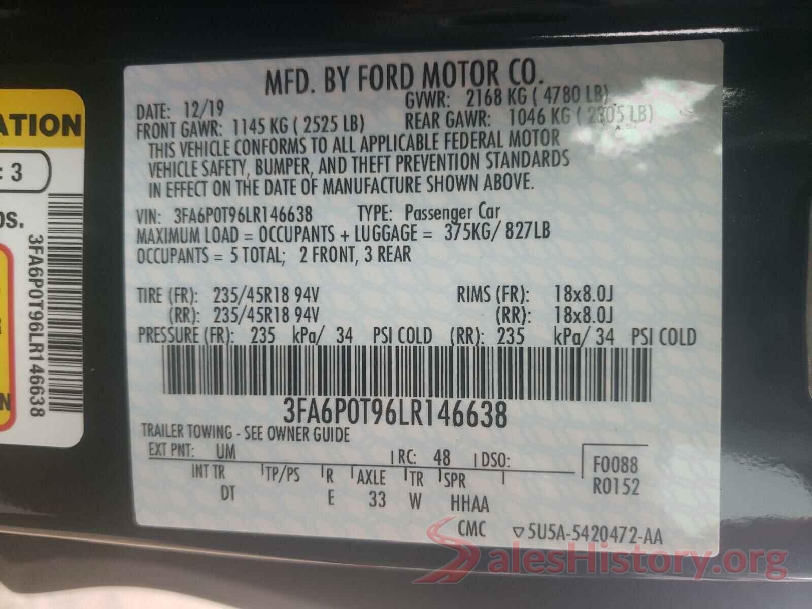 3FA6P0T96LR146638 2020 FORD FUSION