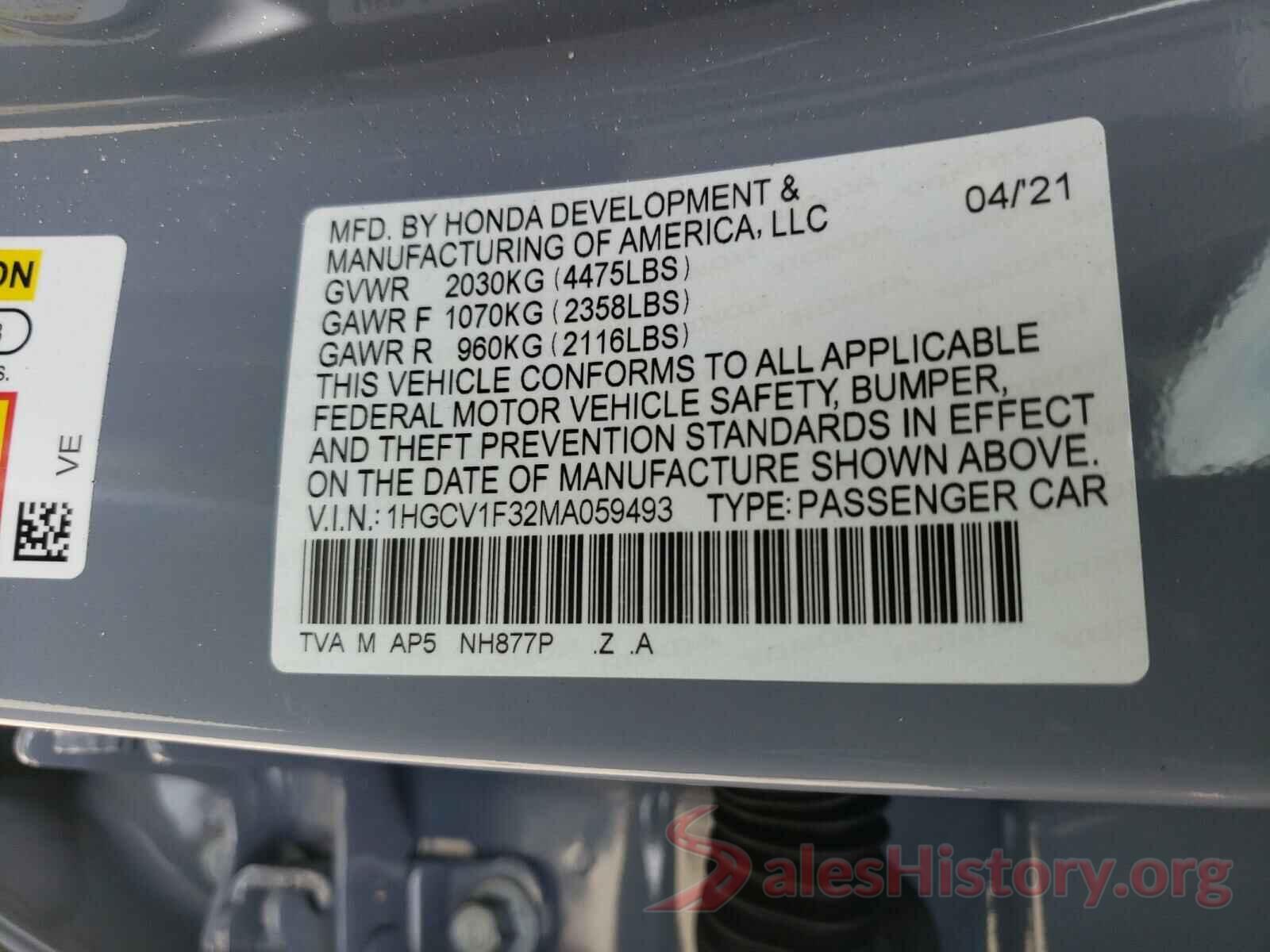 1HGCV1F32MA059493 2021 HONDA ACCORD