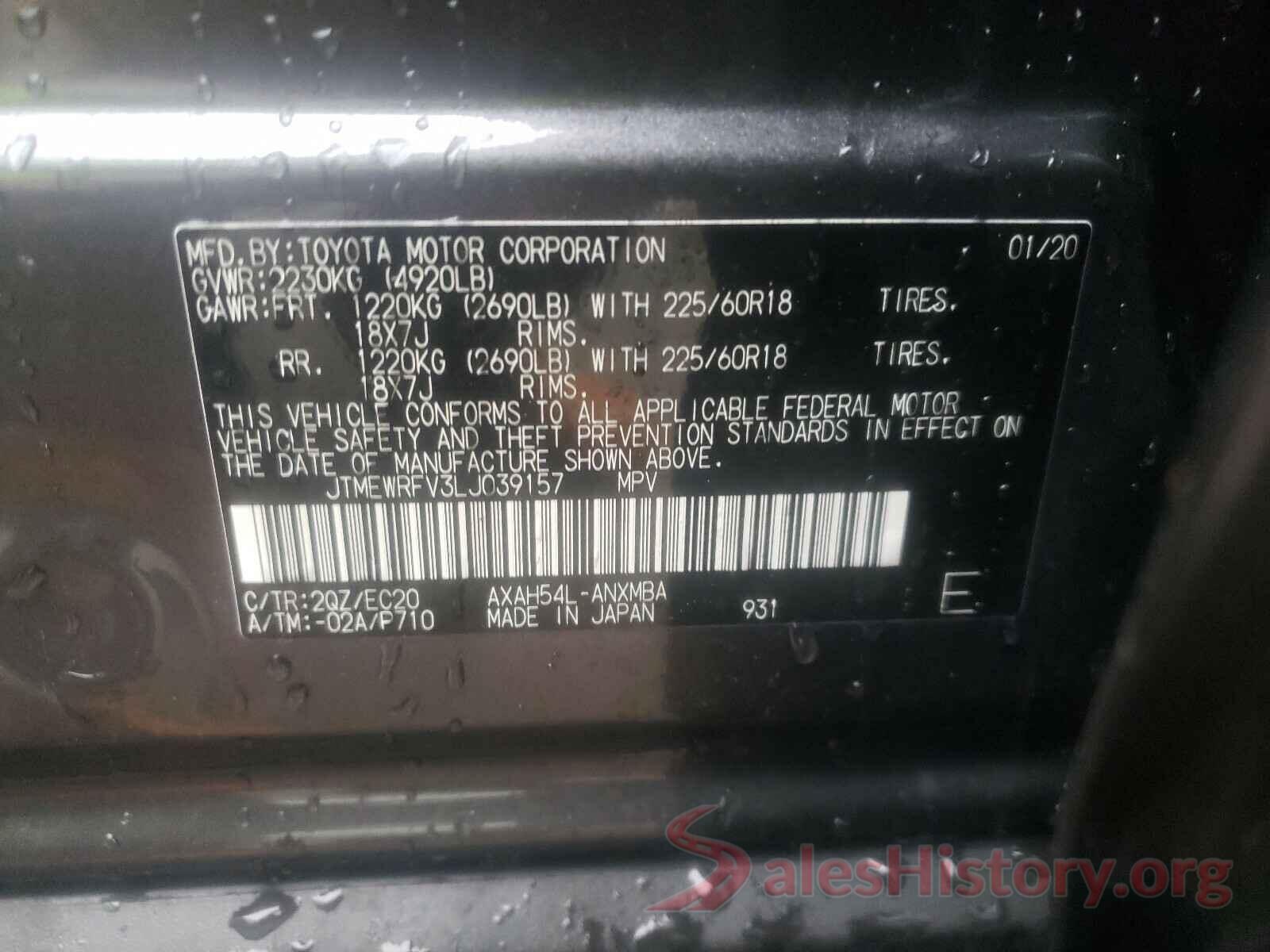 JTMEWRFV3LJ039157 2020 TOYOTA RAV4