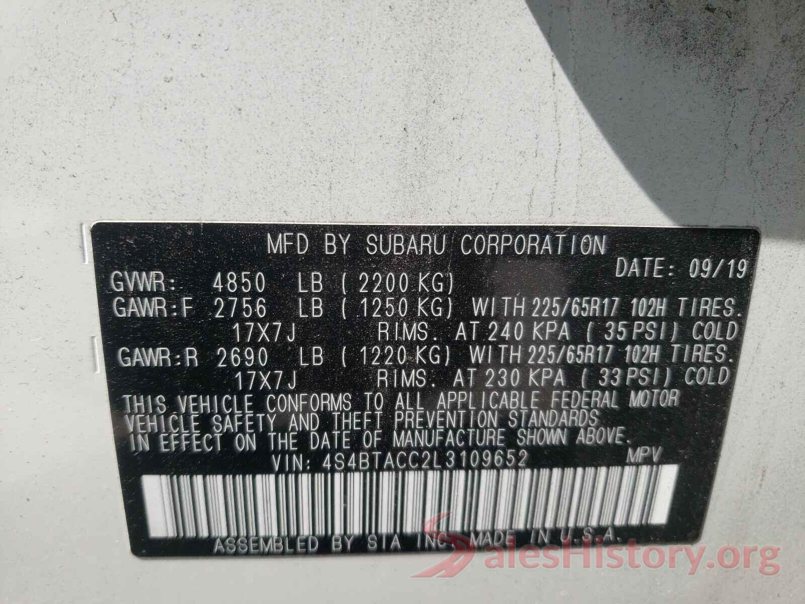 4S4BTACC2L3109652 2020 SUBARU OUTBACK