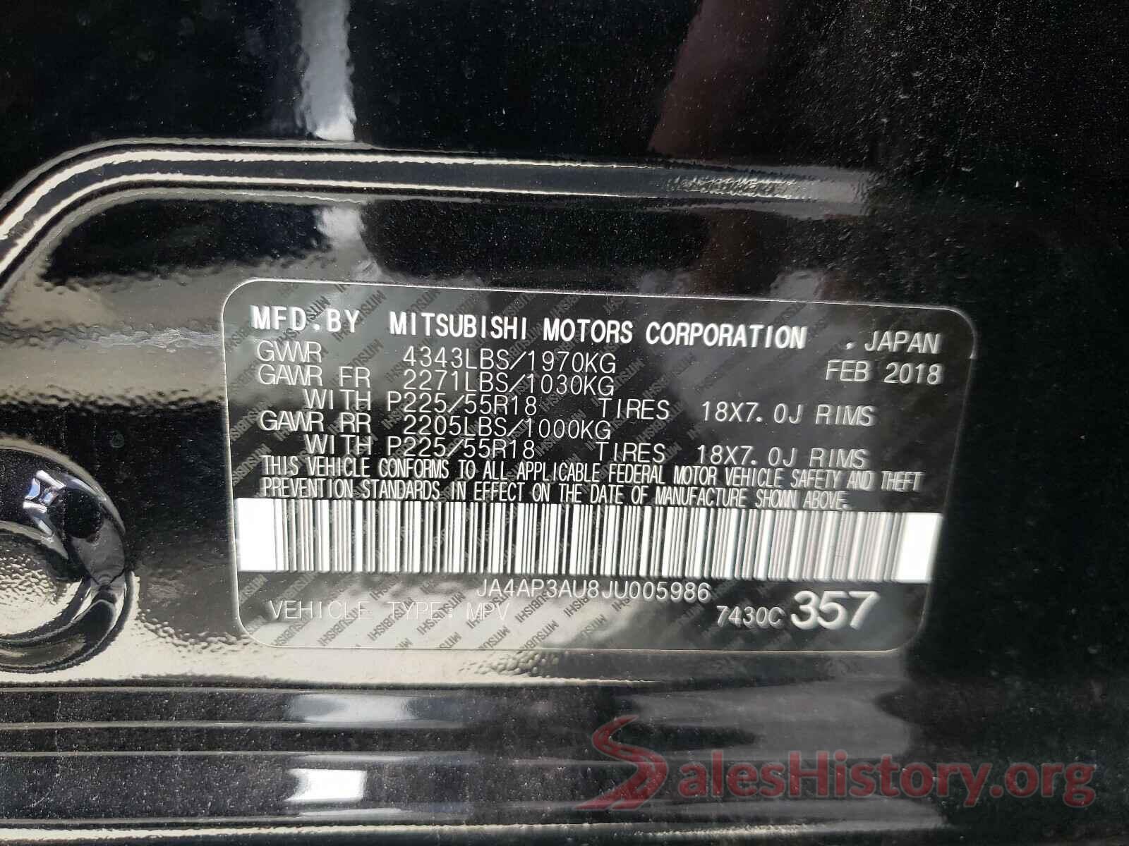 JA4AP3AU8JU005986 2018 MITSUBISHI OUTLANDER