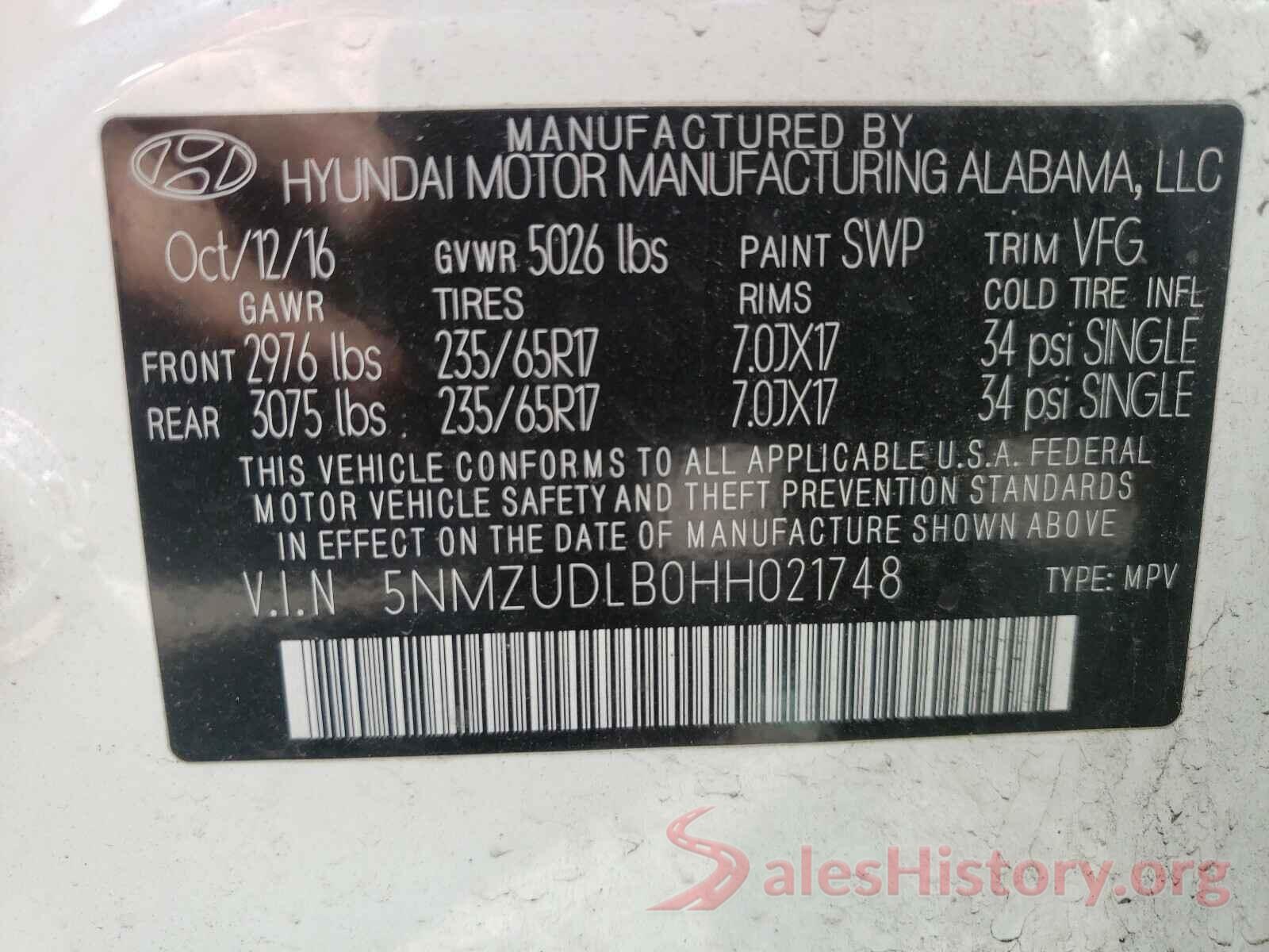 5NMZUDLB0HH021748 2017 HYUNDAI SANTA FE