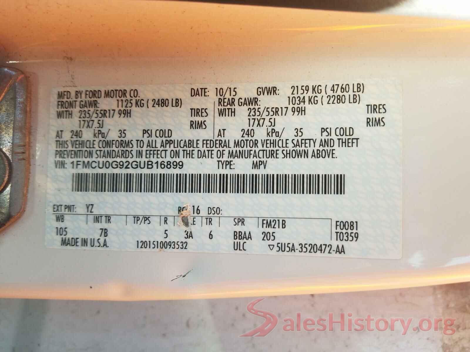 1FMCU0G92GUB16899 2016 FORD ESCAPE