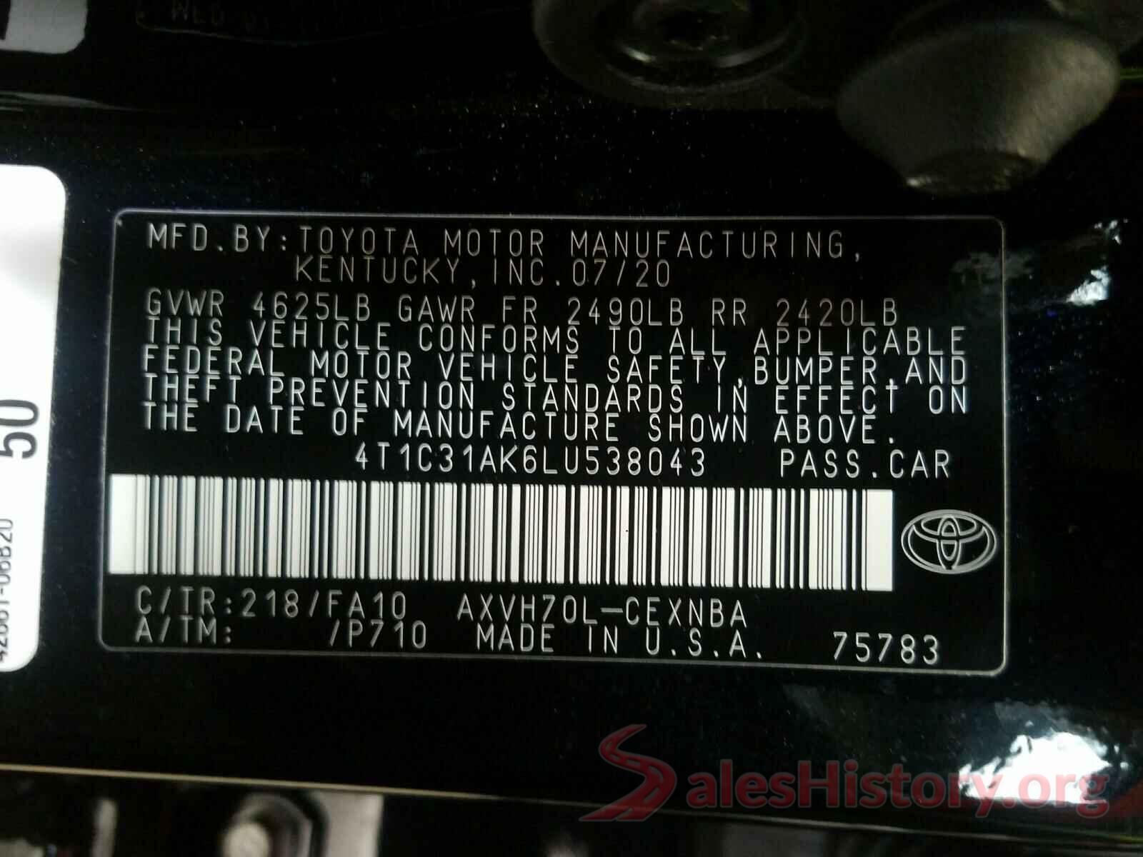 4T1C31AK6LU538043 2020 TOYOTA CAMRY