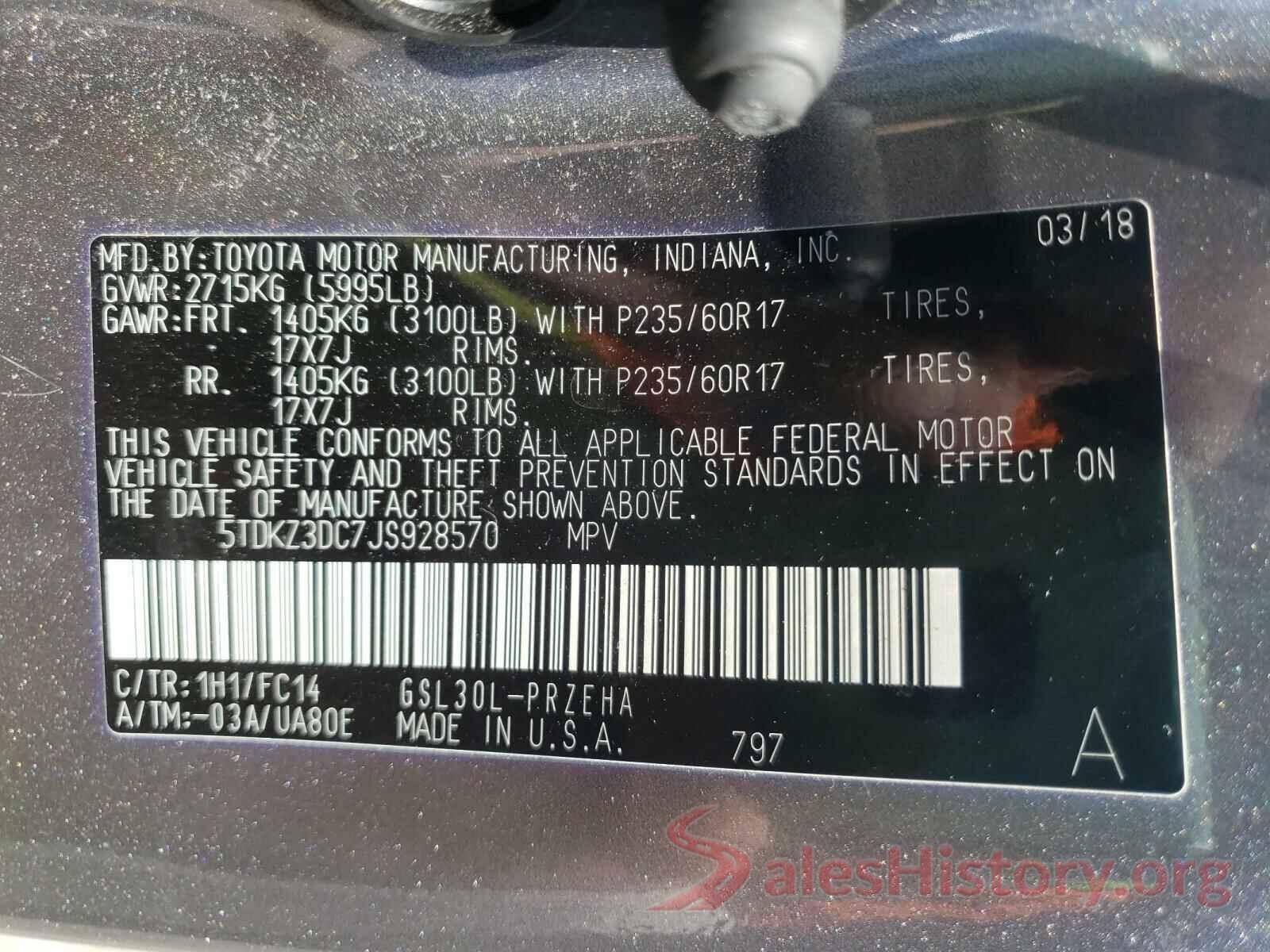 5TDKZ3DC7JS928570 2018 TOYOTA SIENNA