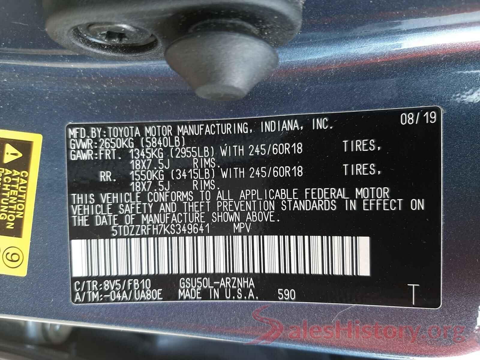 5TDZZRFH7KS349641 2019 TOYOTA HIGHLANDER