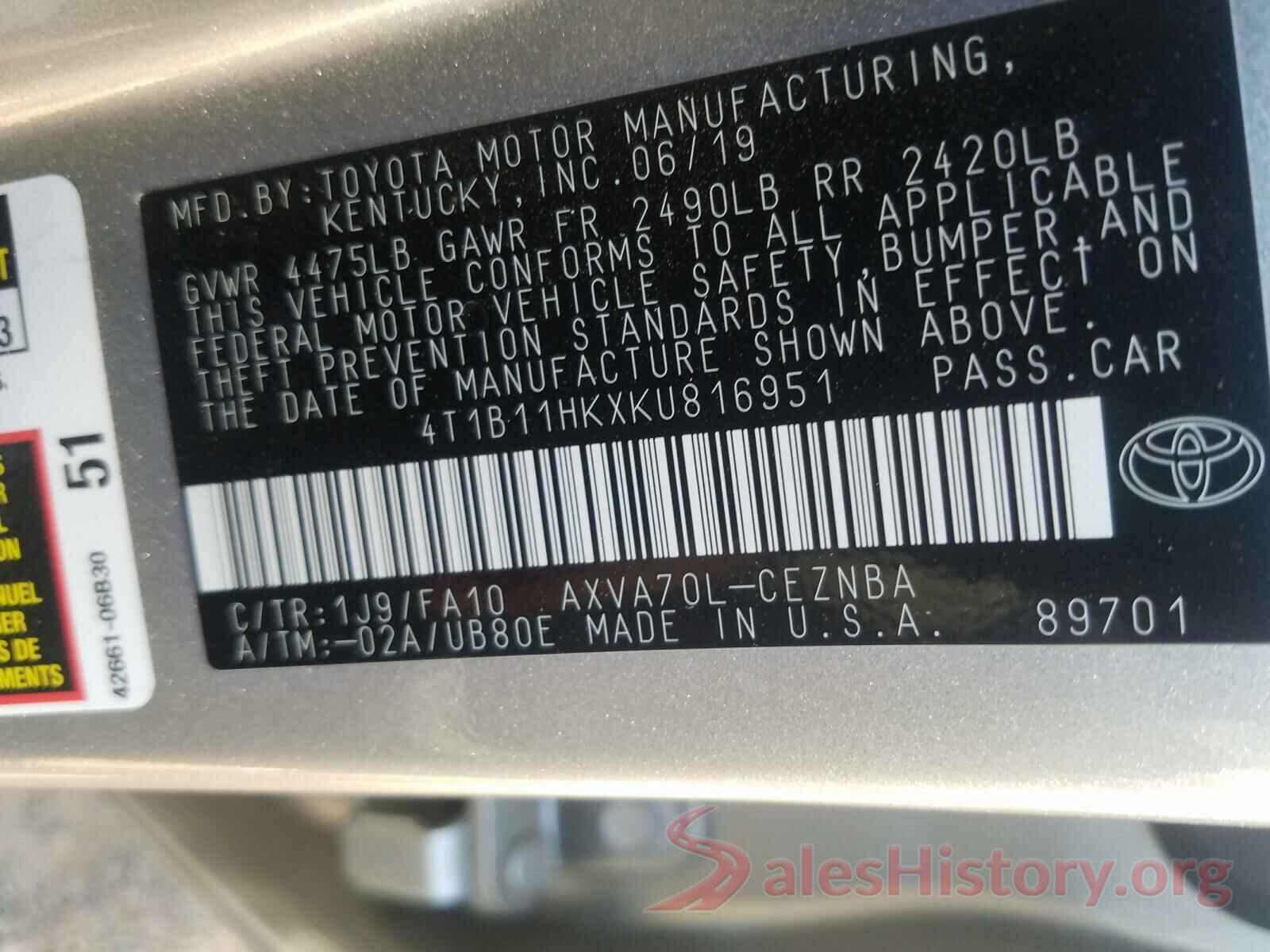 4T1B11HKXKU816951 2019 TOYOTA CAMRY