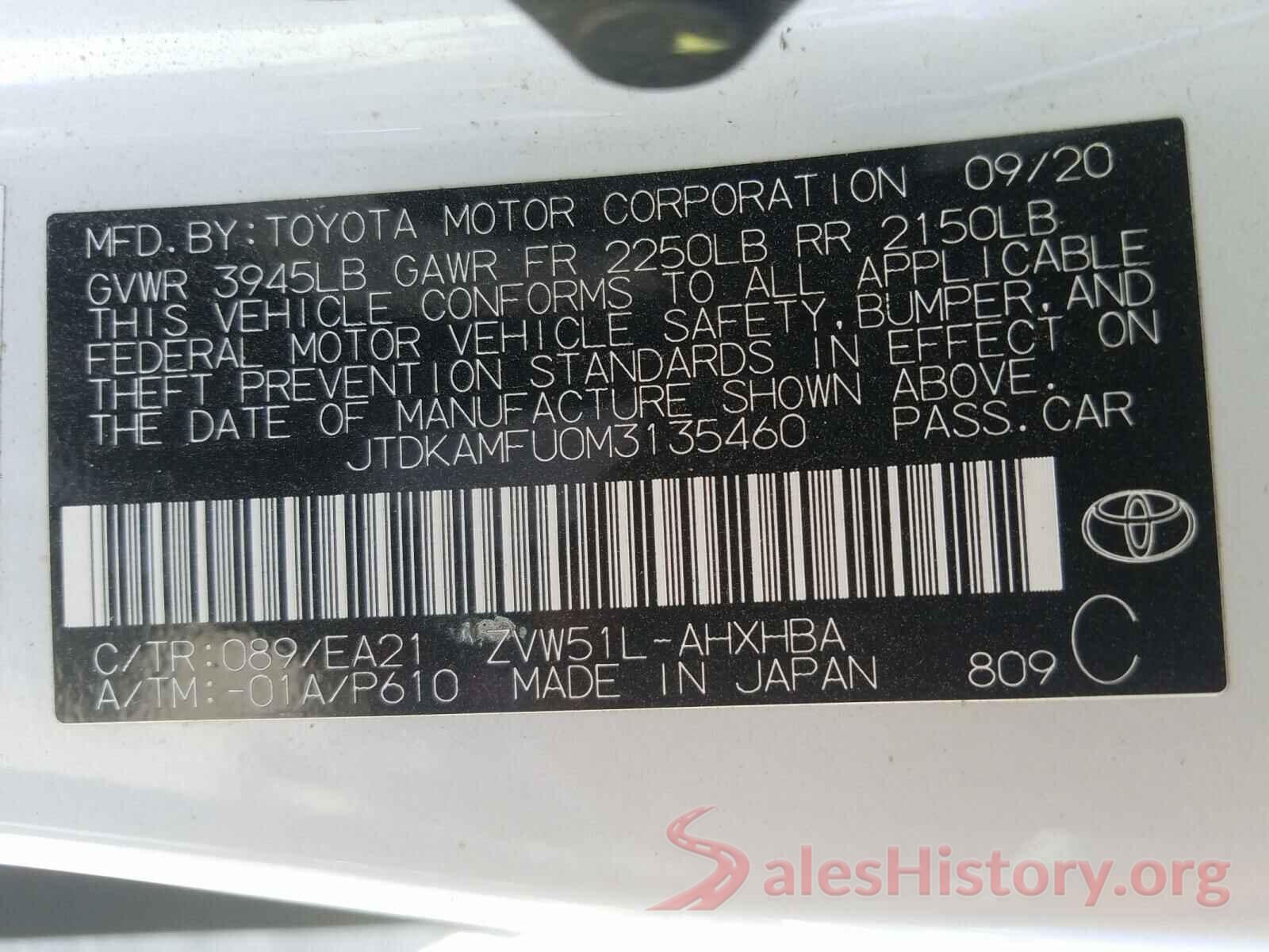 JTDKAMFU0M3135460 2021 TOYOTA PRIUS