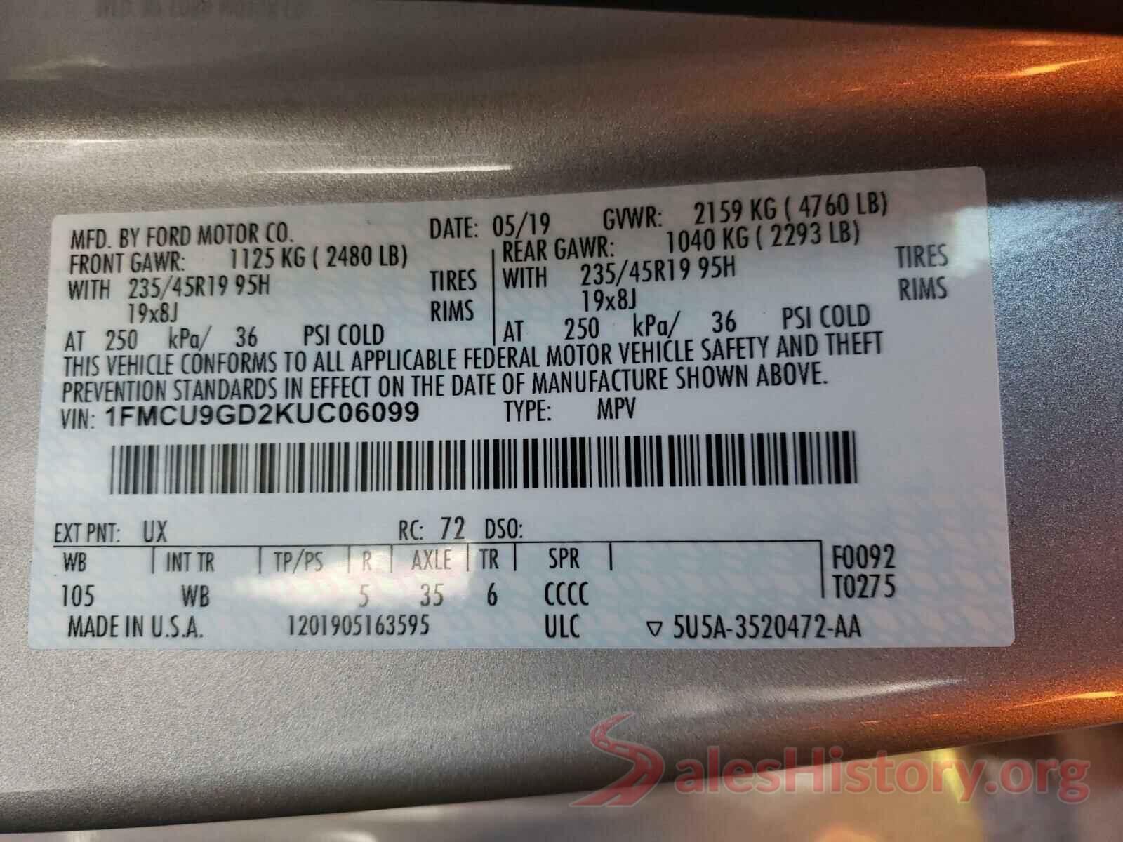 1FMCU9GD2KUC06099 2019 FORD ESCAPE