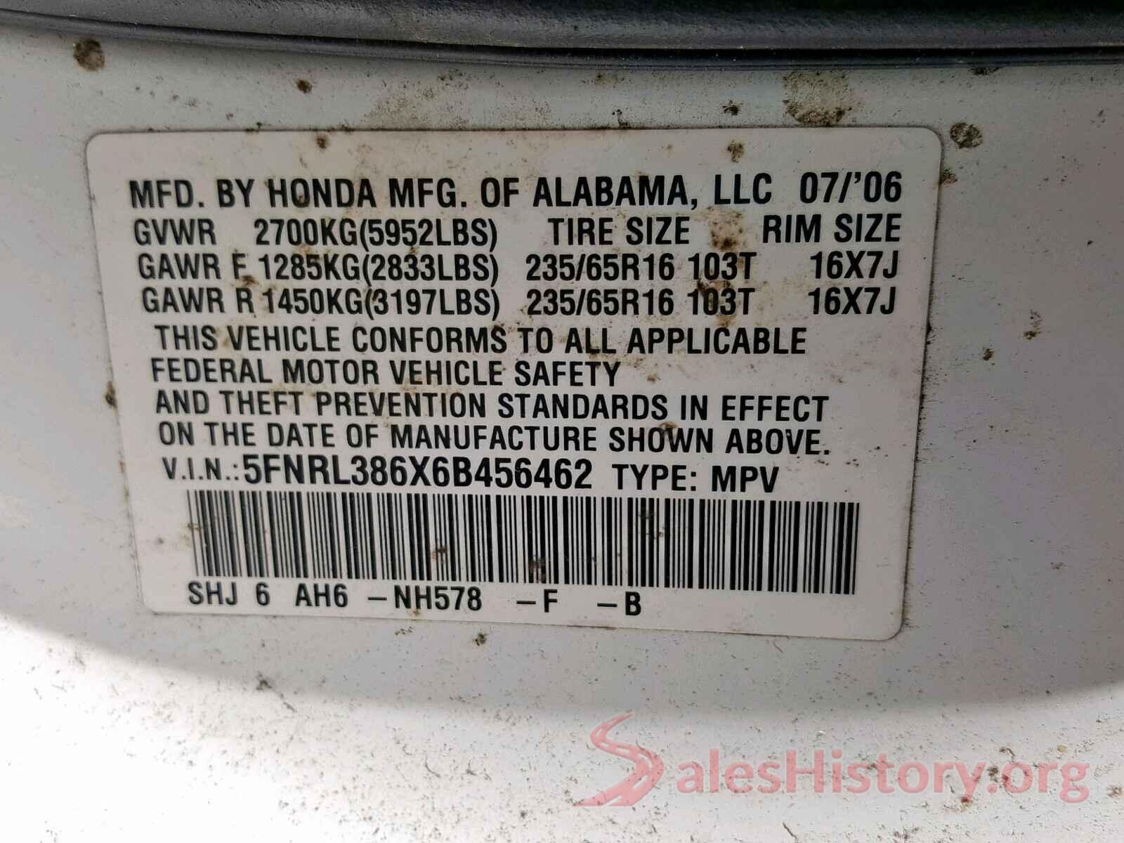 5FNRL386X6B456462 2006 HONDA ODYSSEY EX