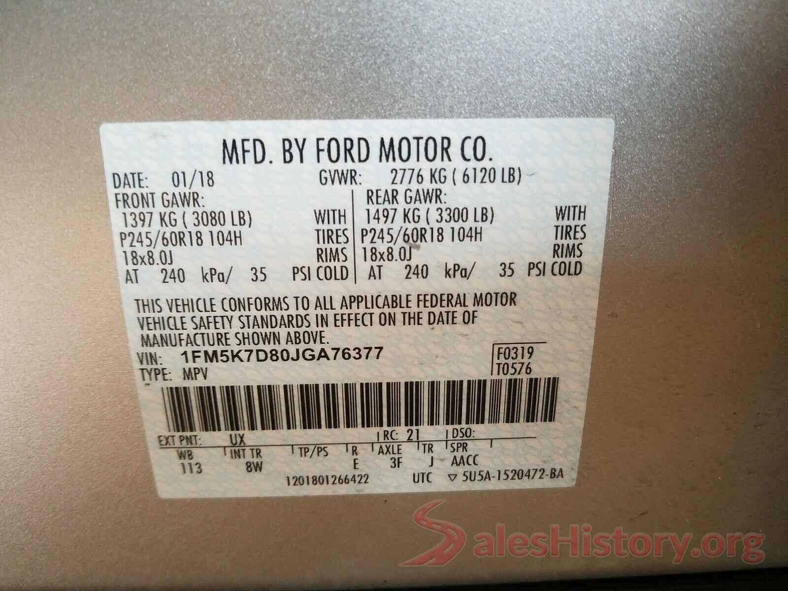 1FM5K7D80JGA76377 2018 FORD EXPLORER