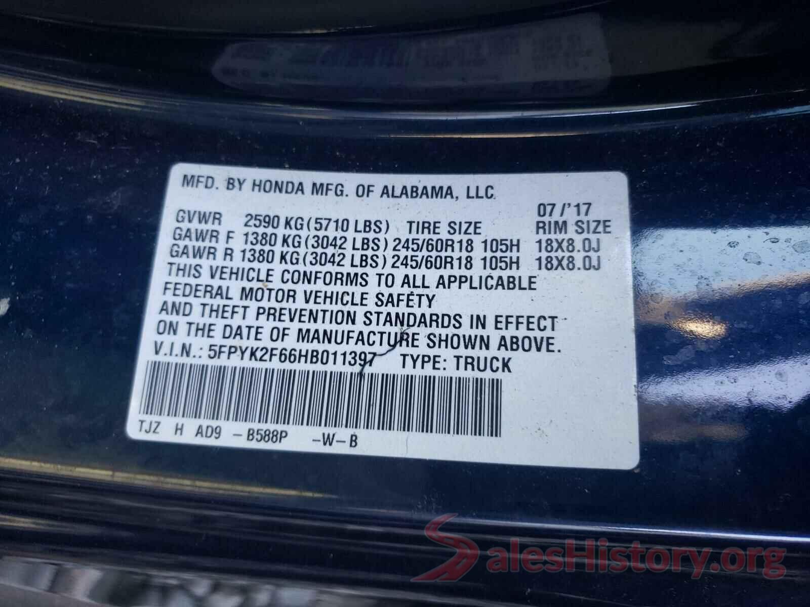 5FPYK2F66HB011397 2017 HONDA RIDGELINE