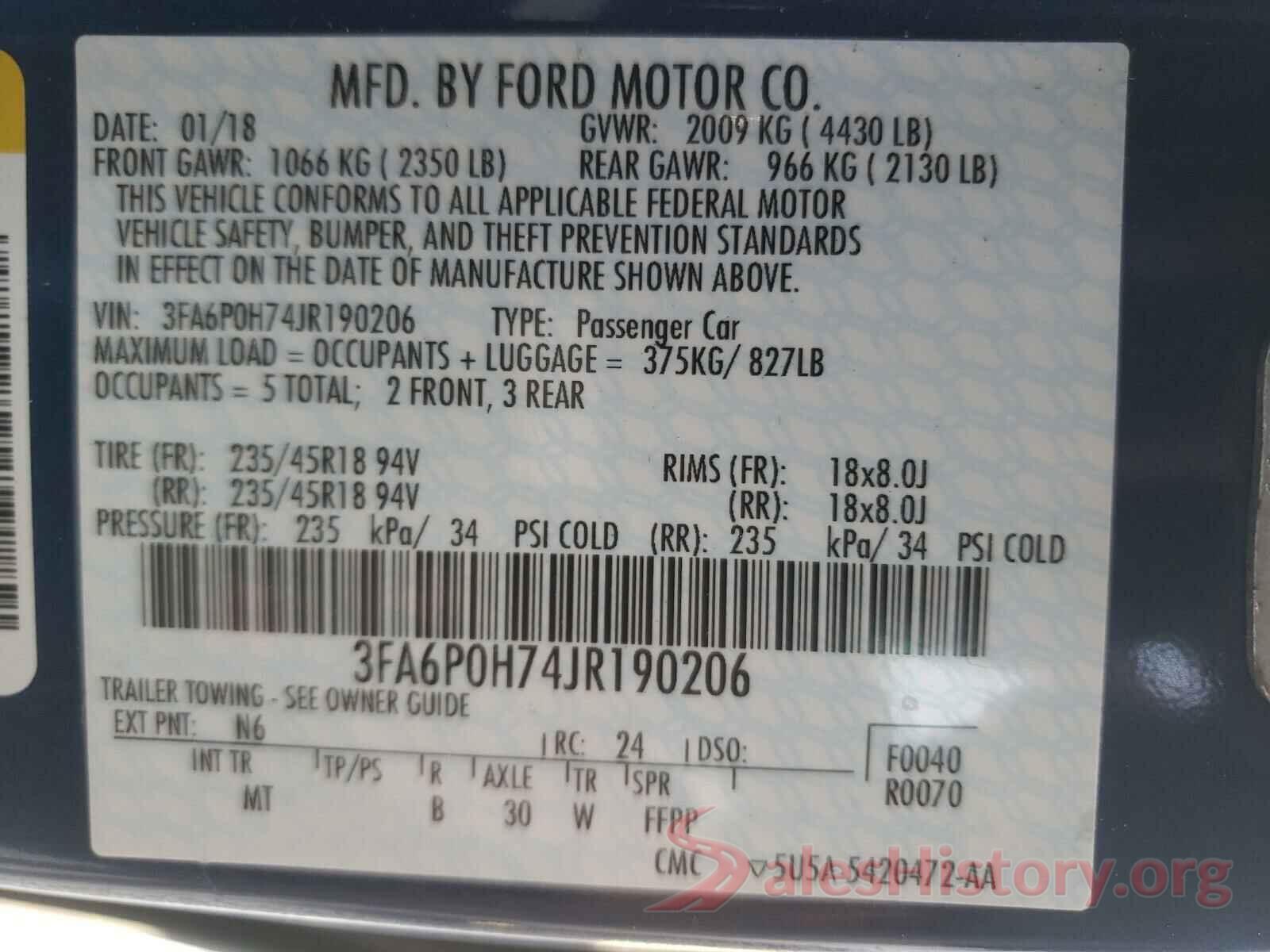 3FA6P0H74JR190206 2018 FORD FUSION