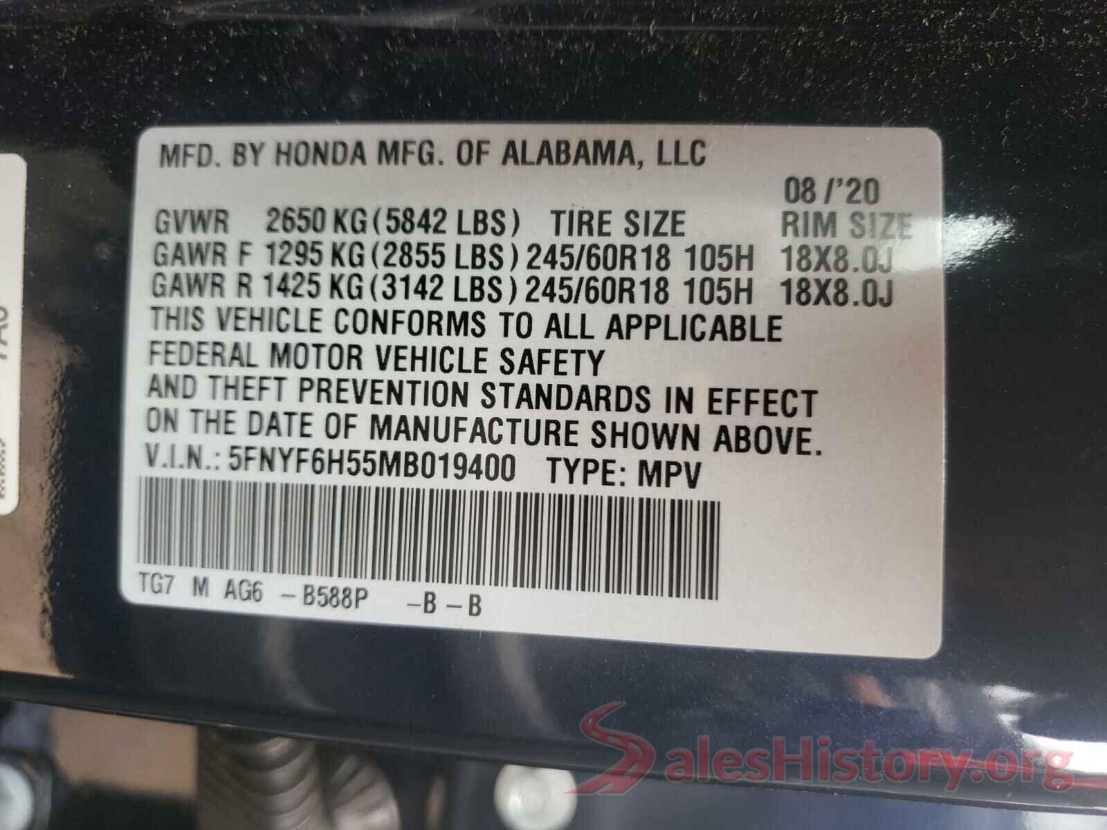 5FNYF6H55MB019400 2021 HONDA PILOT