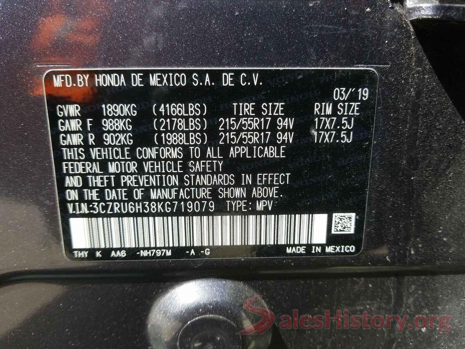 3CZRU6H38KG719079 2019 HONDA HR-V