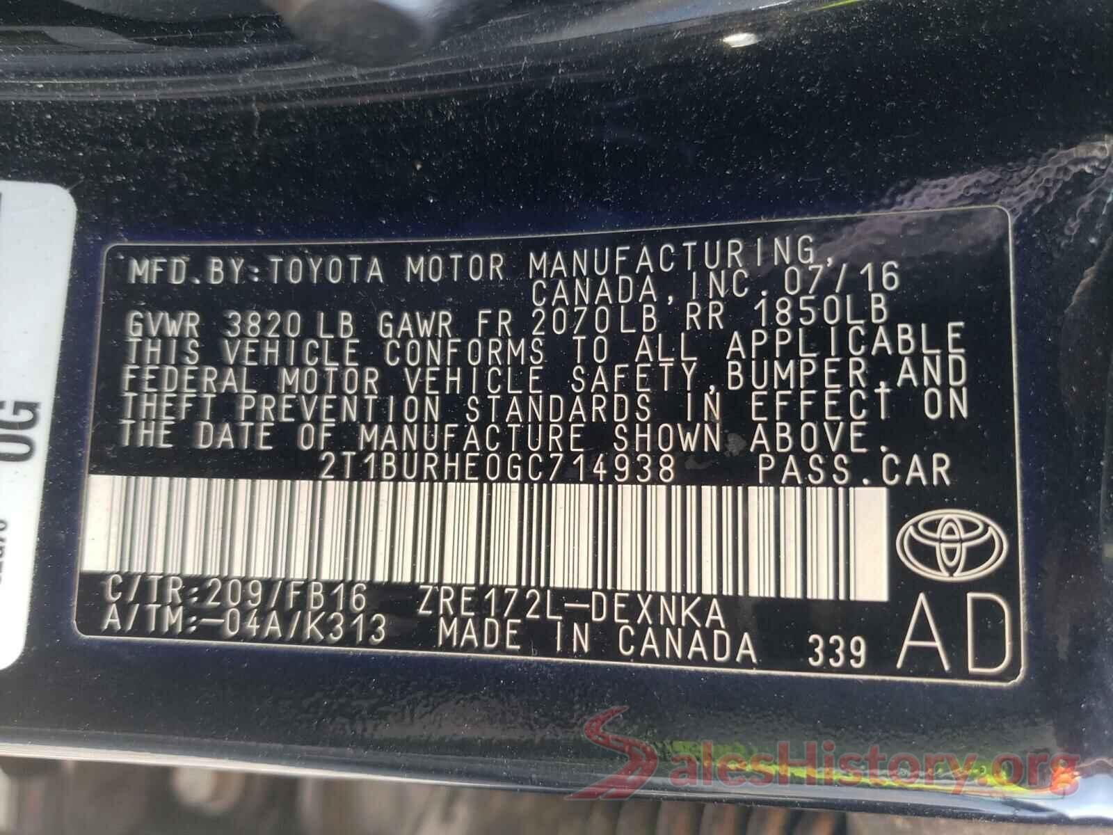 2T1BURHE0GC714938 2016 TOYOTA COROLLA