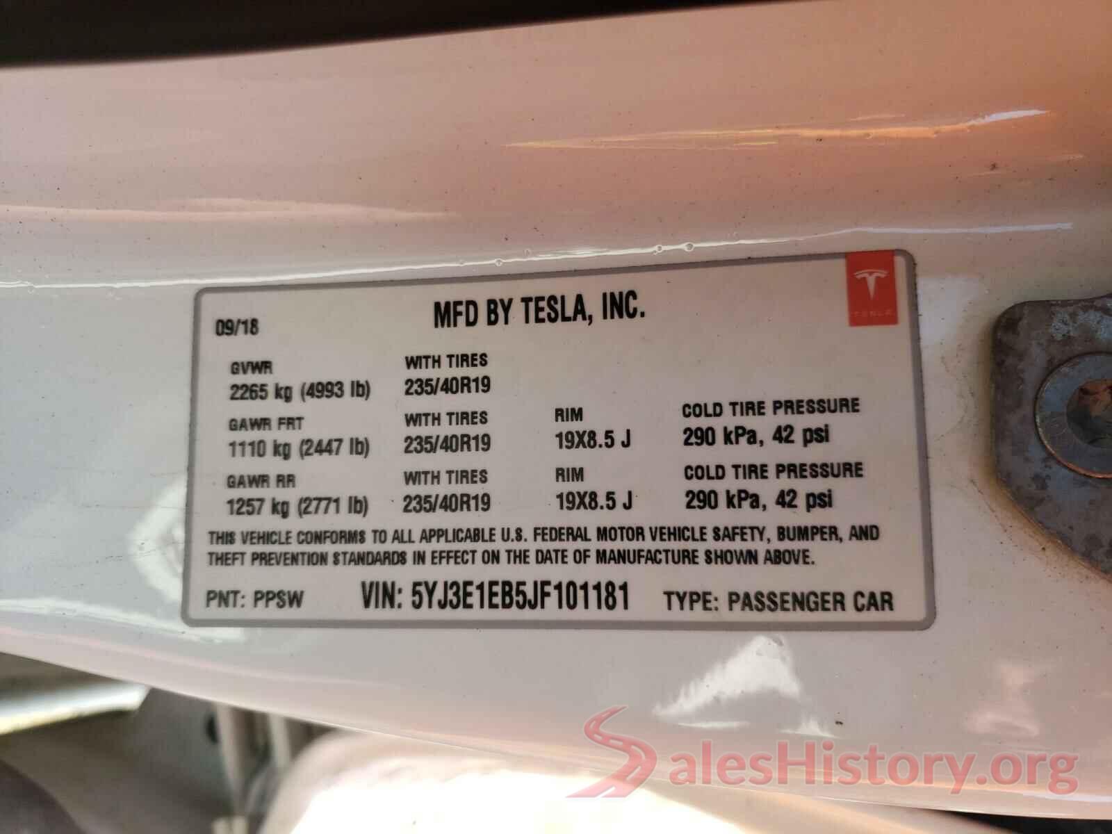 5YJ3E1EB5JF101181 2018 TESLA MODEL 3