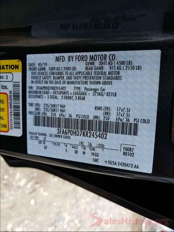 3FA6P0HD7KR245402 2019 FORD FUSION