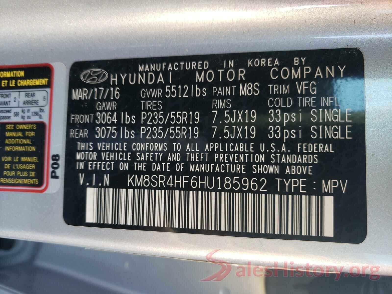 KM8SR4HF6HU185962 2017 HYUNDAI SANTA FE